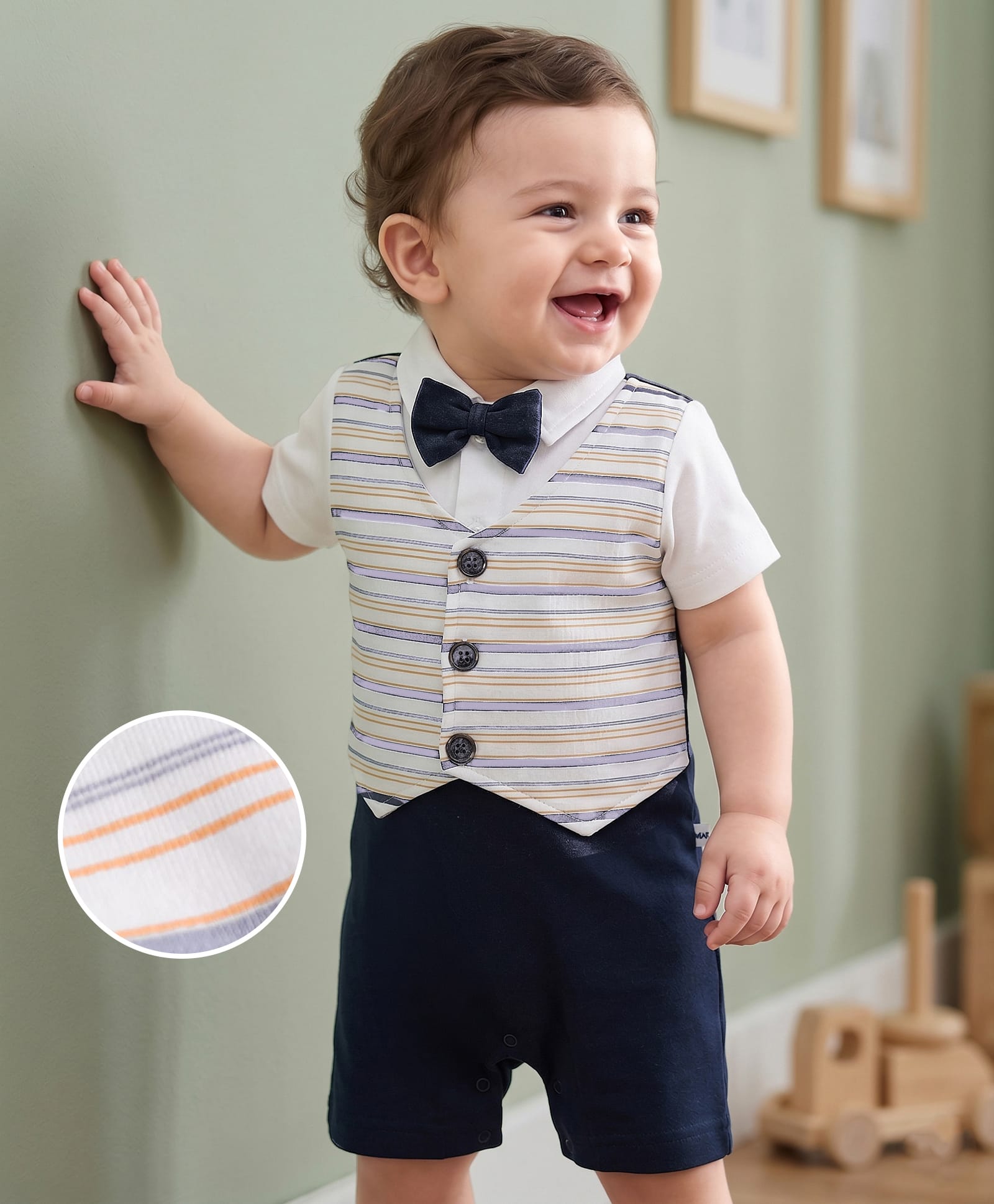 Mark & Mia Cotton Knit Half Sleeves Party Romper With Attached Striped Waistcoat & Bow - Multicolor-picture-20