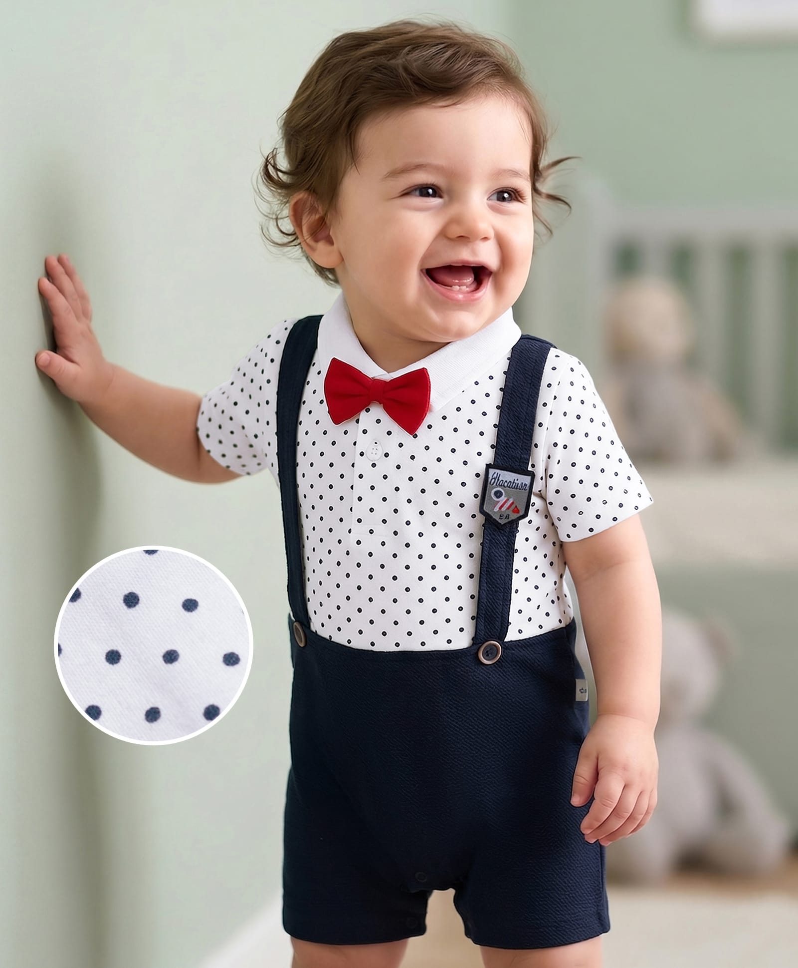 Mark & Mia Cotton Knit Half Sleeves Party Romper With Polka Dot Print & Bow Applique - Multicolor-image-25