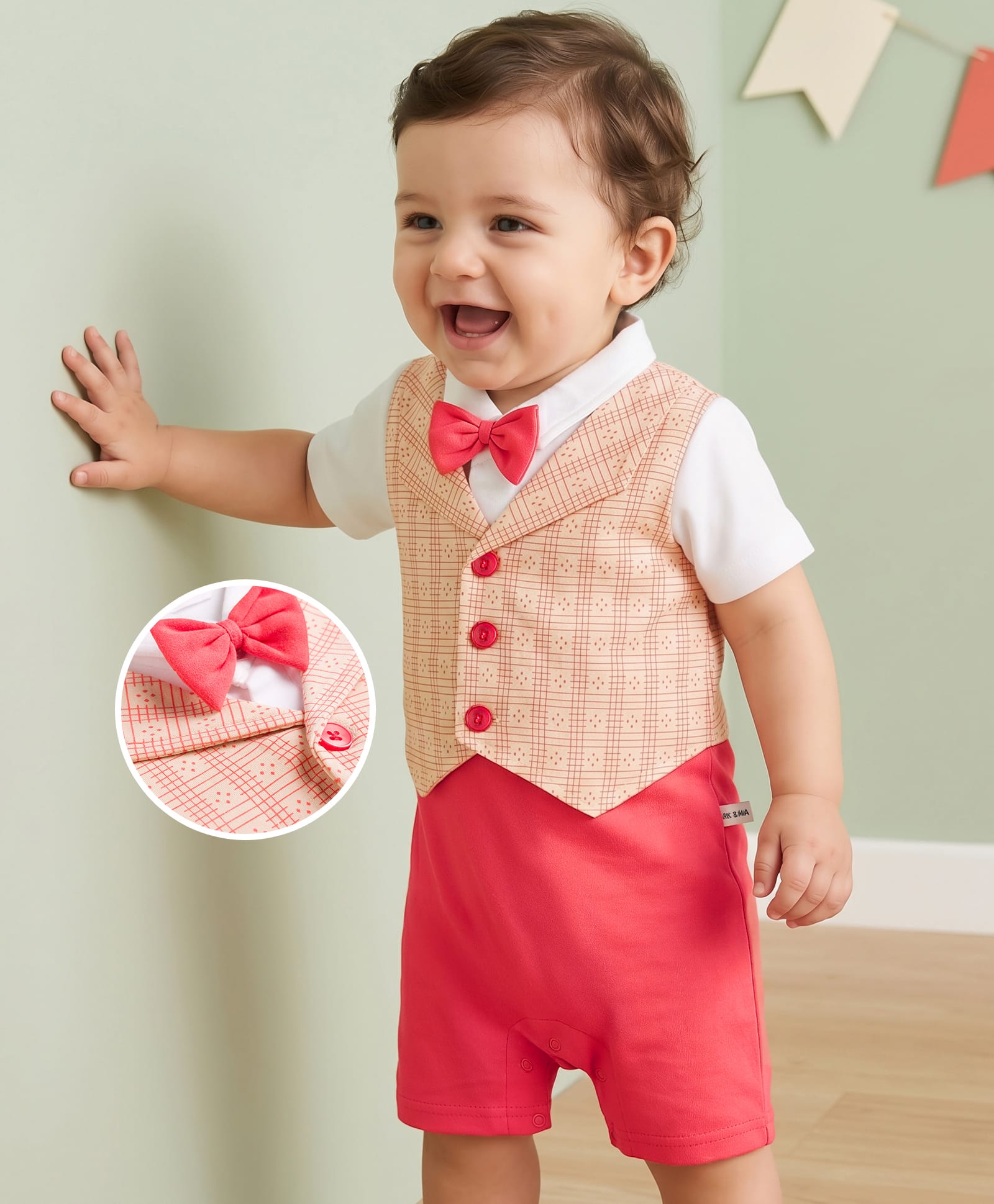 Mark & Mia Cotton Knit Half Sleeves Printed Party Romper with Bow Applique & Attached Waistcoat - Multicolor-picture-15