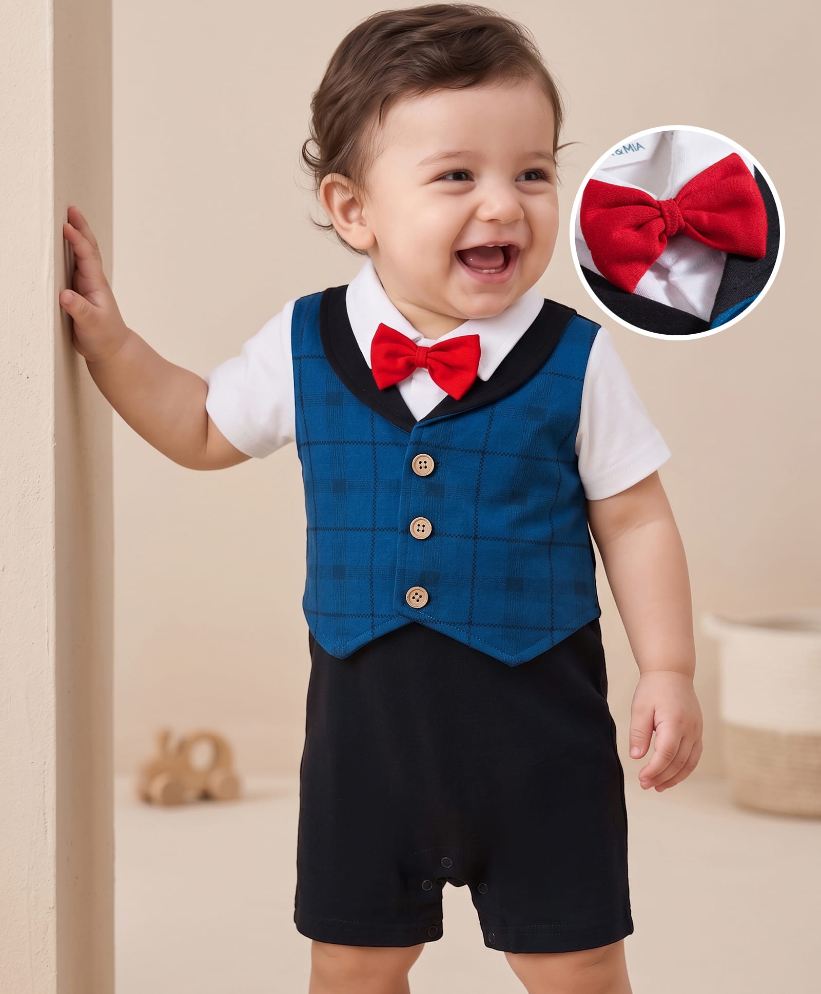 Mark & Mia Cotton Knit Half Sleeves Checkered Party Romper with Bow - Multicolor-image-13