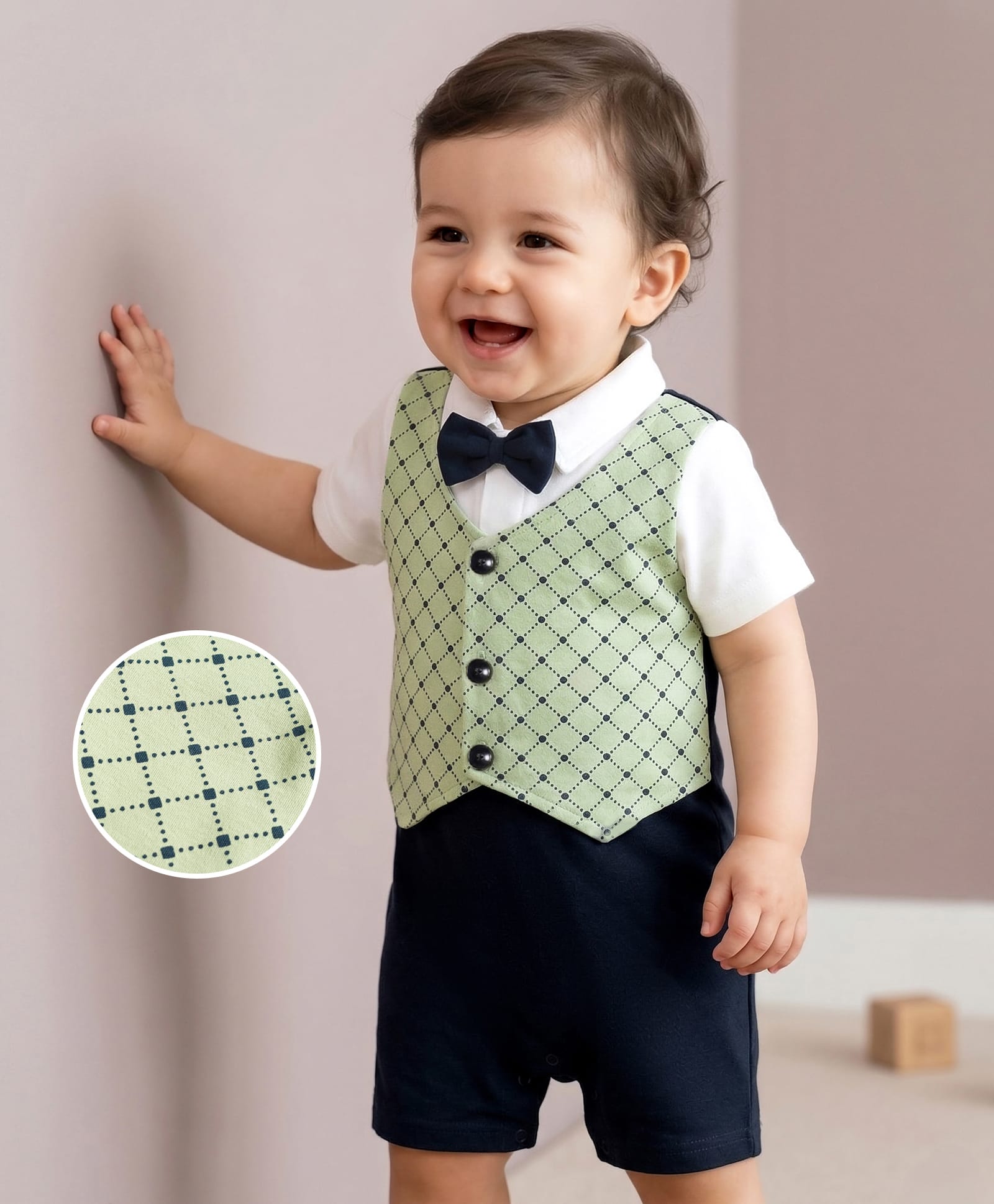 Mark & Mia Cotton Knit Half Sleeves Party Romper With Attached Printed Waistcoat & Bow - Multicolor-picture-20
