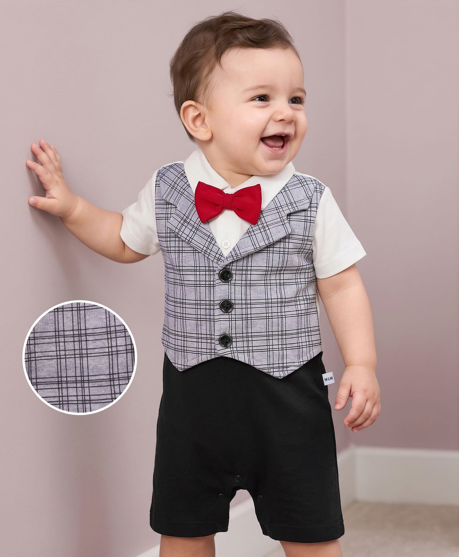Mark & Mia Cotton Knit Half Sleeves Party Romper With Attached Checks Waistcoat & Bow - Multicolor-picture-21