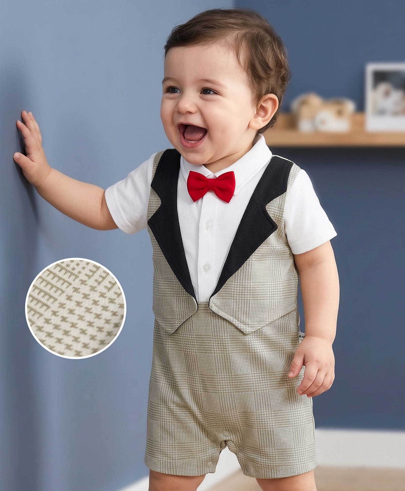 Mark & Mia Cotton Knit Half Sleeves Party Romper With Attached Checks Waistcoat & Bow - Multicolor-picture-14