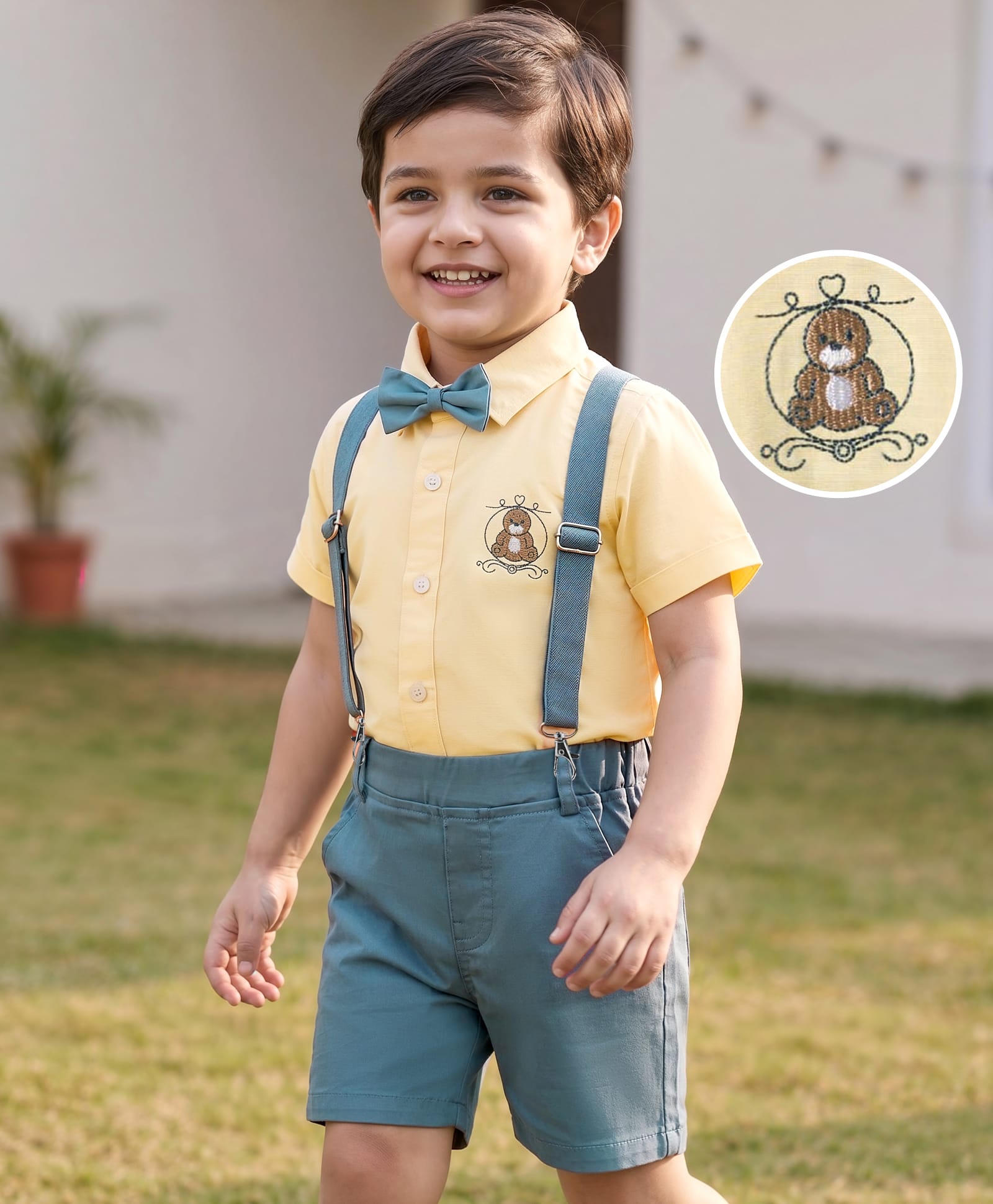 Mark & Mia Cotton Woven Half Sleeves Solid Party Shirt & Shorts Set with Bow & Suspender - Multicolor-picture-22