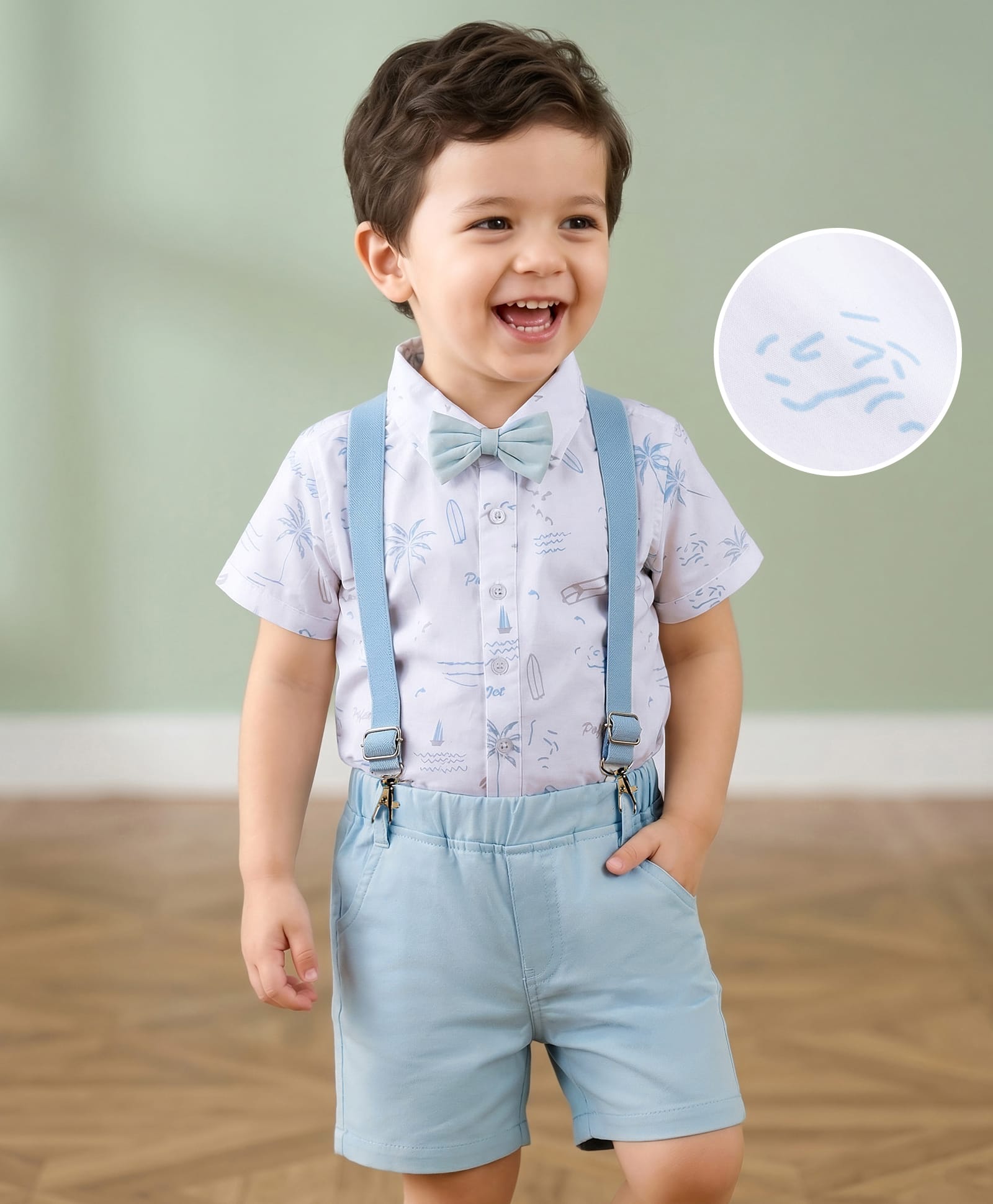 Mark & Mia Cotton Woven Half Sleeves Tree Printed Party Shirt & Shorts Set With Bow & Suspender - Multicolor-image-9