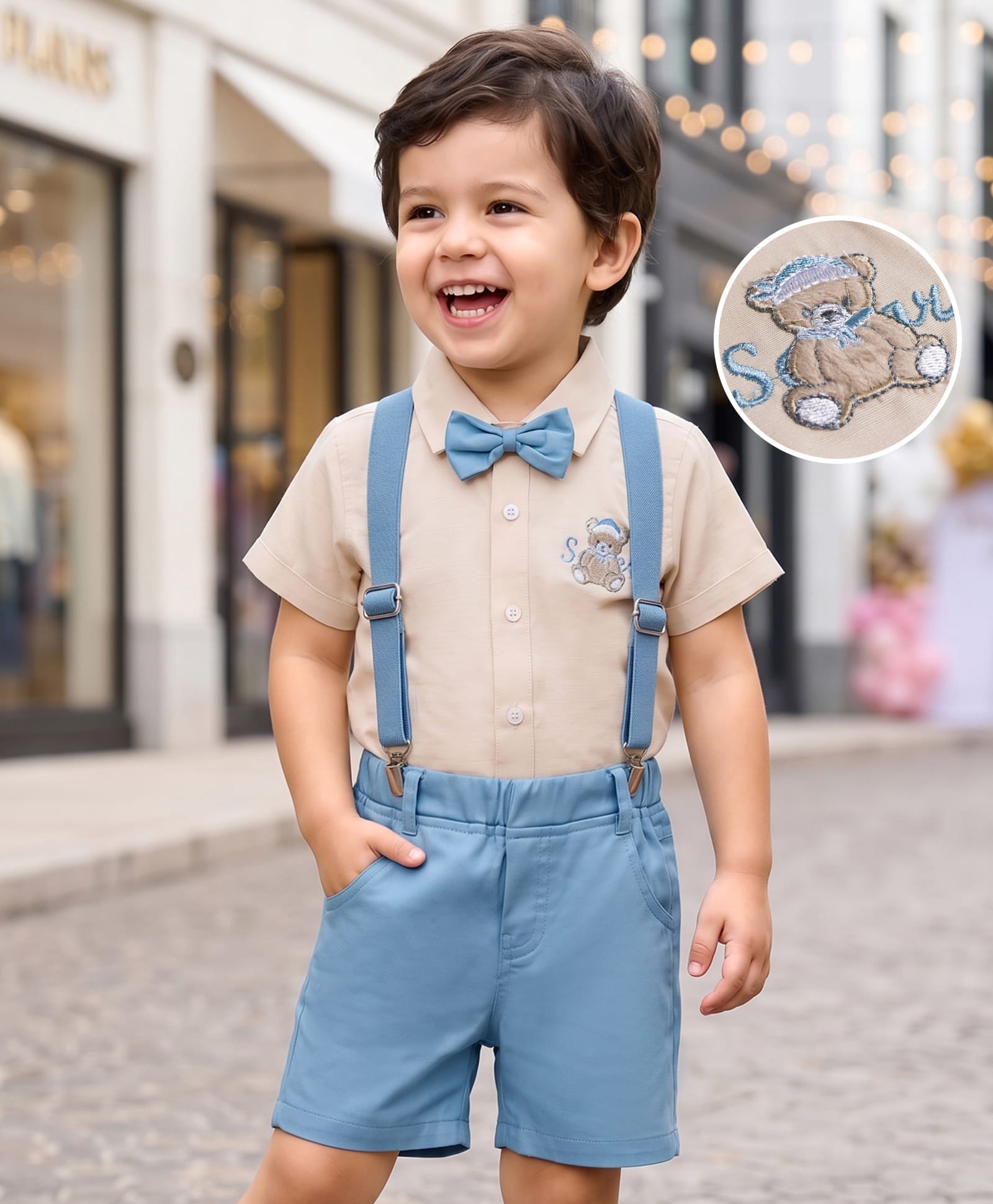 Mark & Mia Cotton Woven Half Sleeves Party Shirt & Shorts Set with Bow Suspender & Bear Embroidery - Multicolor-image-23