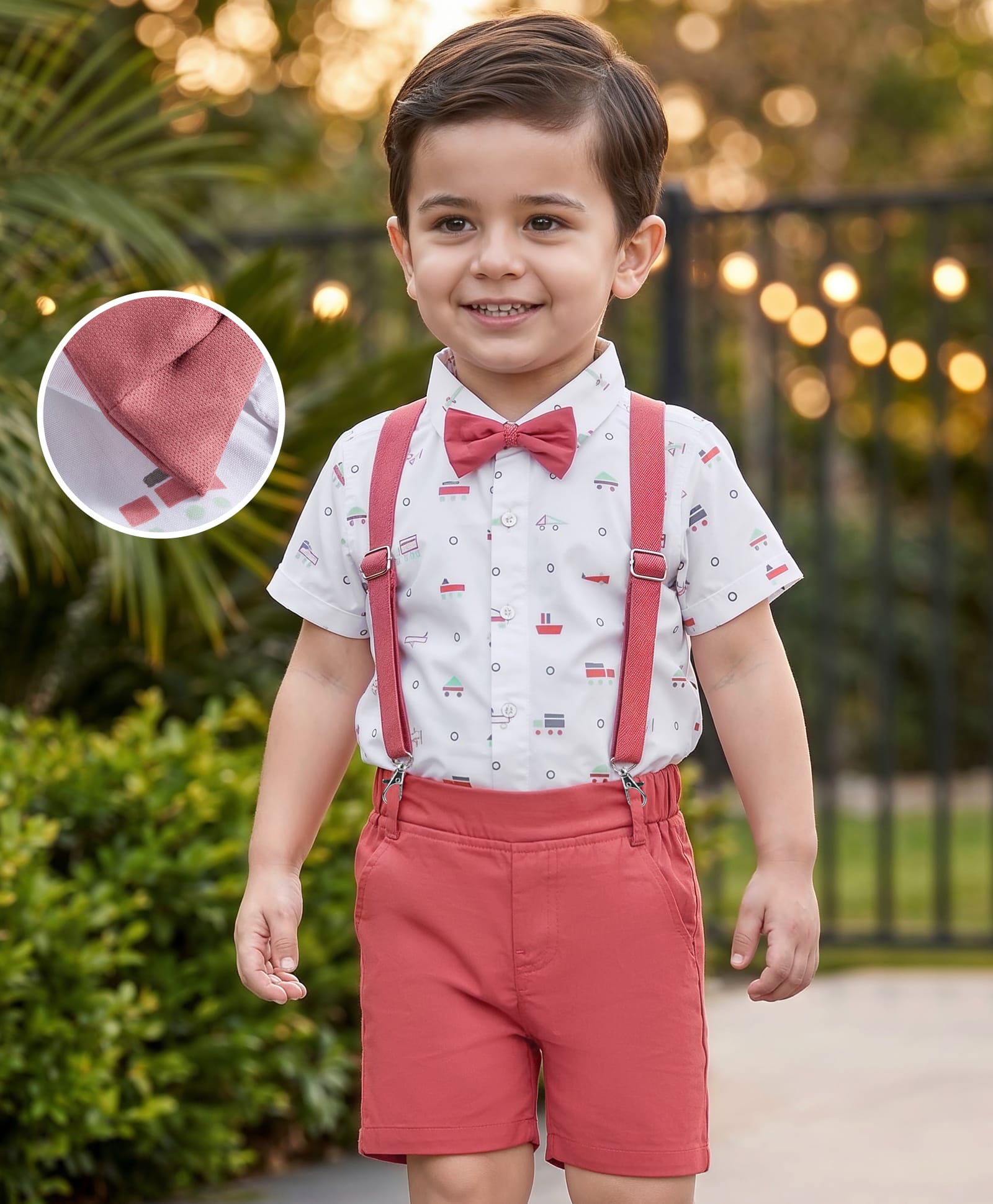 Mark & Mia Cotton Woven Half Sleeves Vehicle Printed Party Shirt & Shorts Set with Bow & Suspender - Multicolor-picture-18
