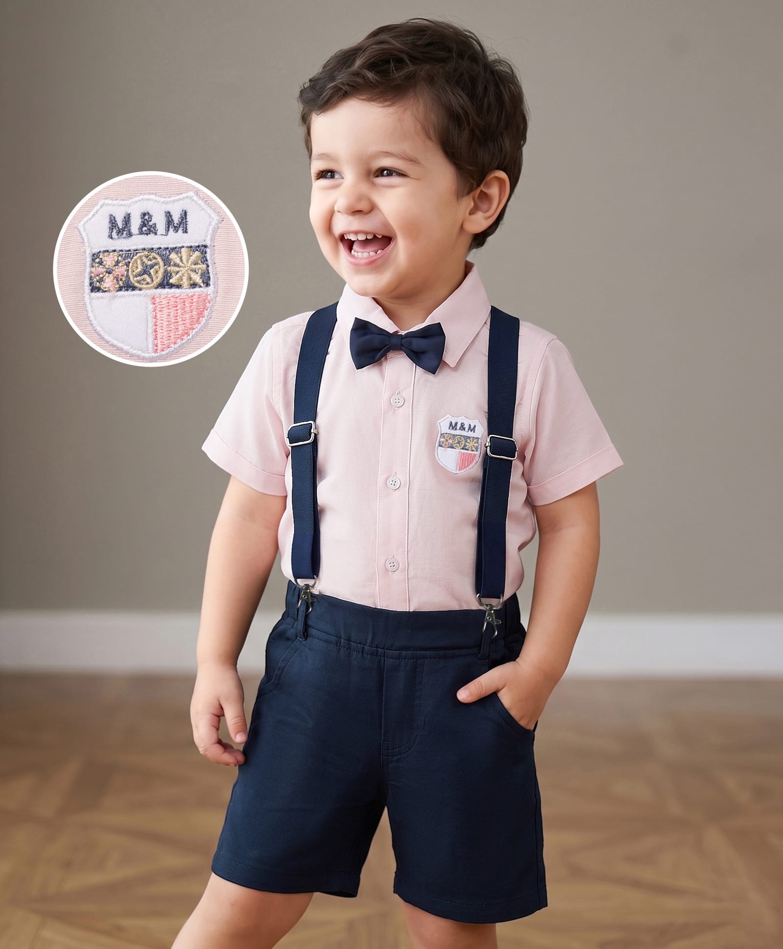 Mark & Mia Cotton Woven Half Sleeves Solid Color Party Shirt & Shorts Set with Bow & Suspender - Multicolor-picture-23