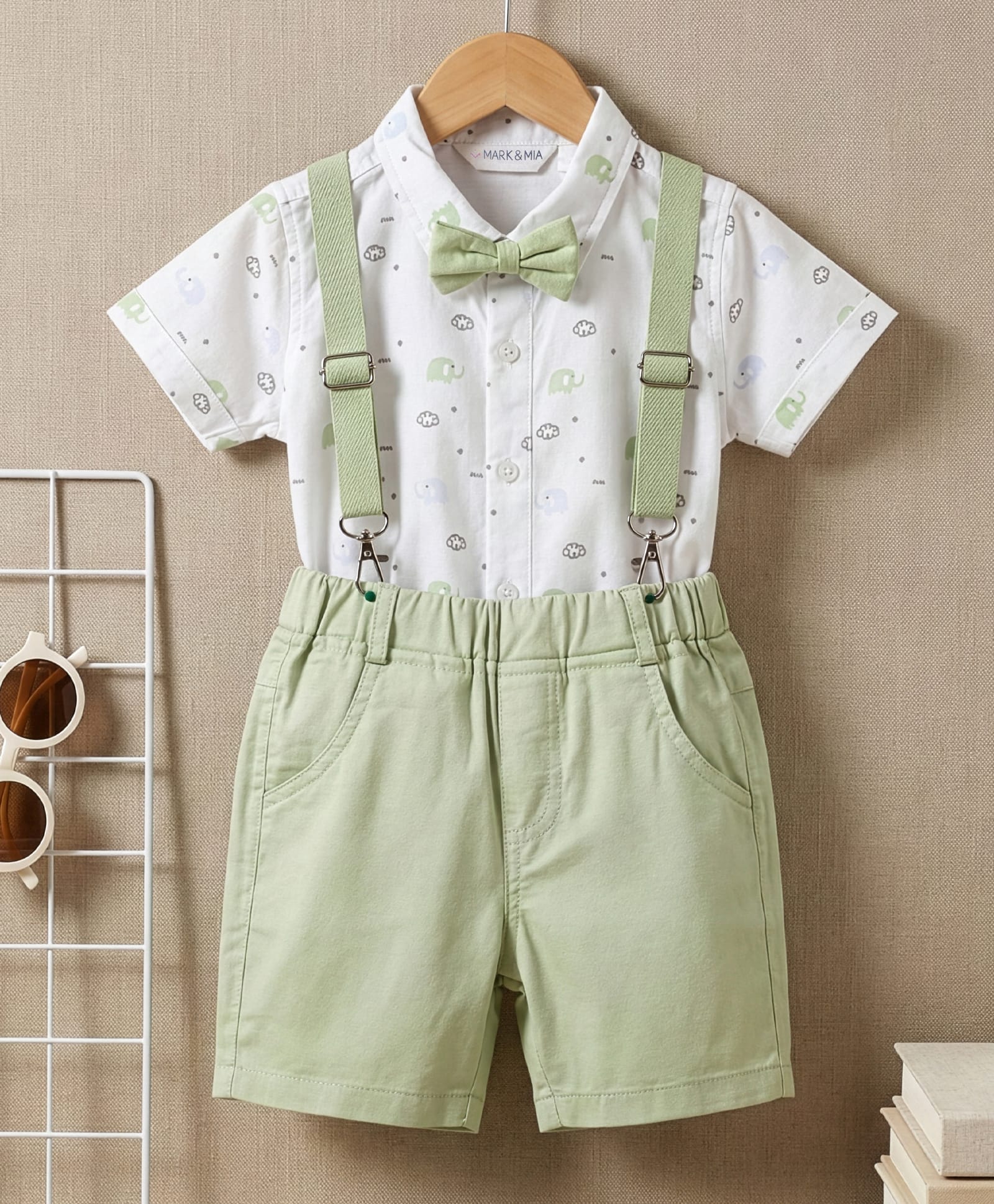 Mark & Mia Cotton Woven Half Sleeves Elephant Printed Shirt & Shorts Set with Bow & Suspender - Multicolor-picture-14