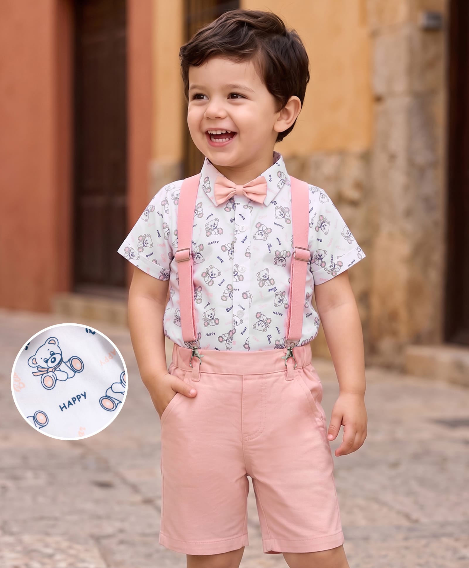 Mark & Mia Cotton Woven Half Sleeves Bear Printed Party Shirt & Shorts Set with Bow & Suspender - Multicolor-image-30
