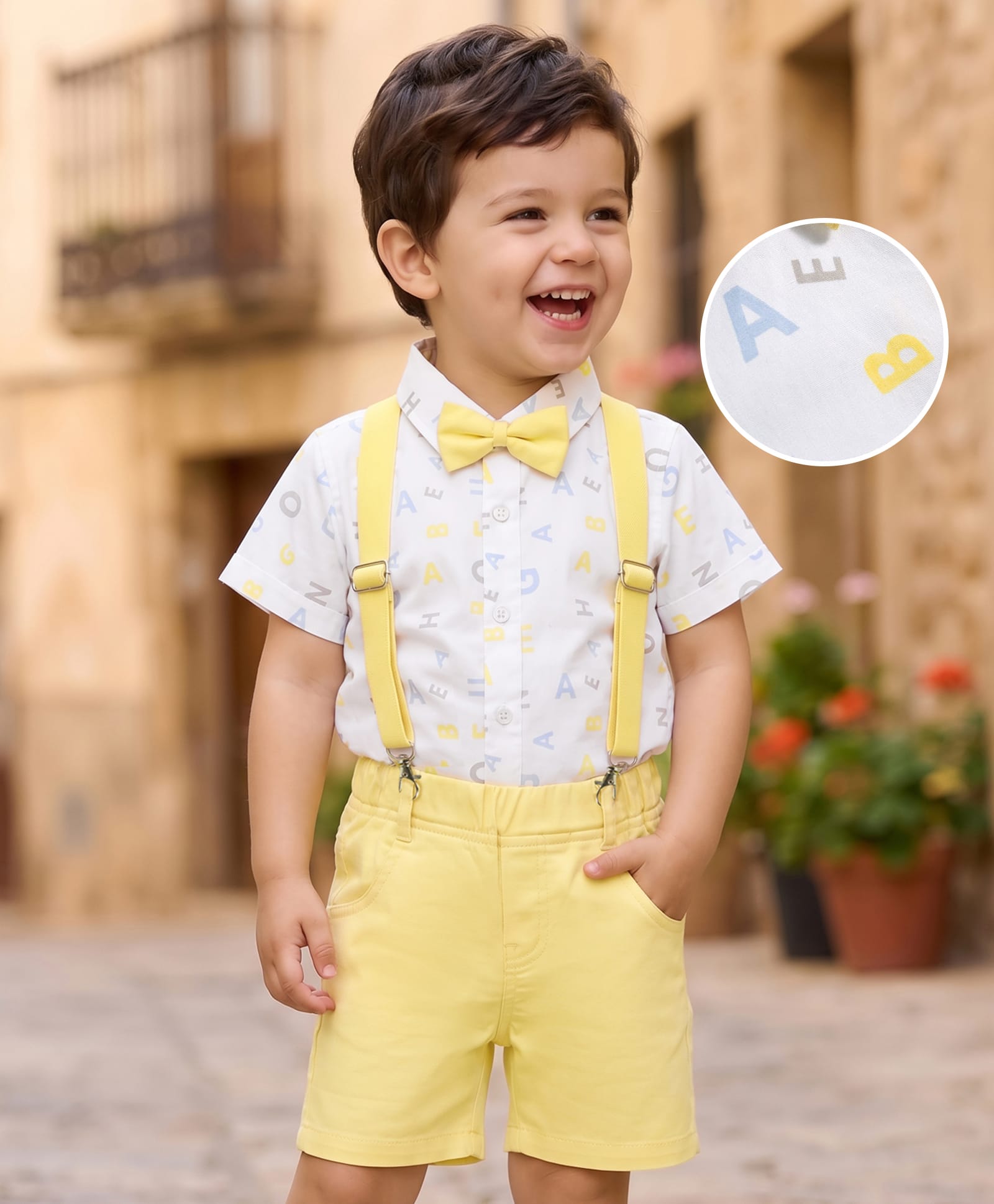 Mark & Mia Cotton Woven Half Sleeves Alphabet Printed Party Shirt & Shorts Set with Bow & Suspender - Multicolor-picture-22