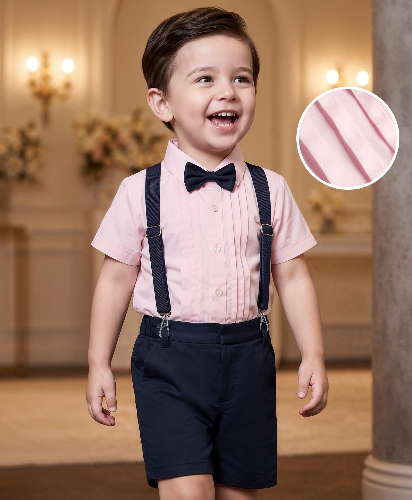 Mark & Mia Cotton Woven Half Sleeves Solid Shirt & Shorts Set with Bow & Suspender - Multicolor-image-35