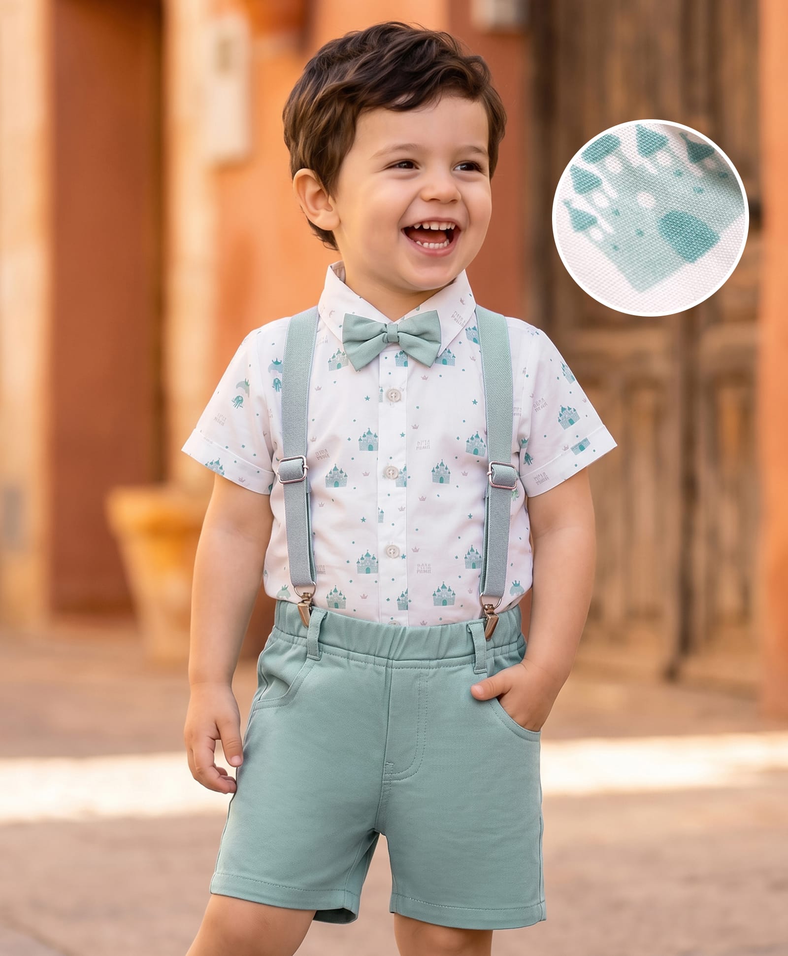 Mark & Mia Cotton Woven Half Sleeves Party Shirt & Short Set With Bow Suspender & Castle Print - Multicolor-image-26