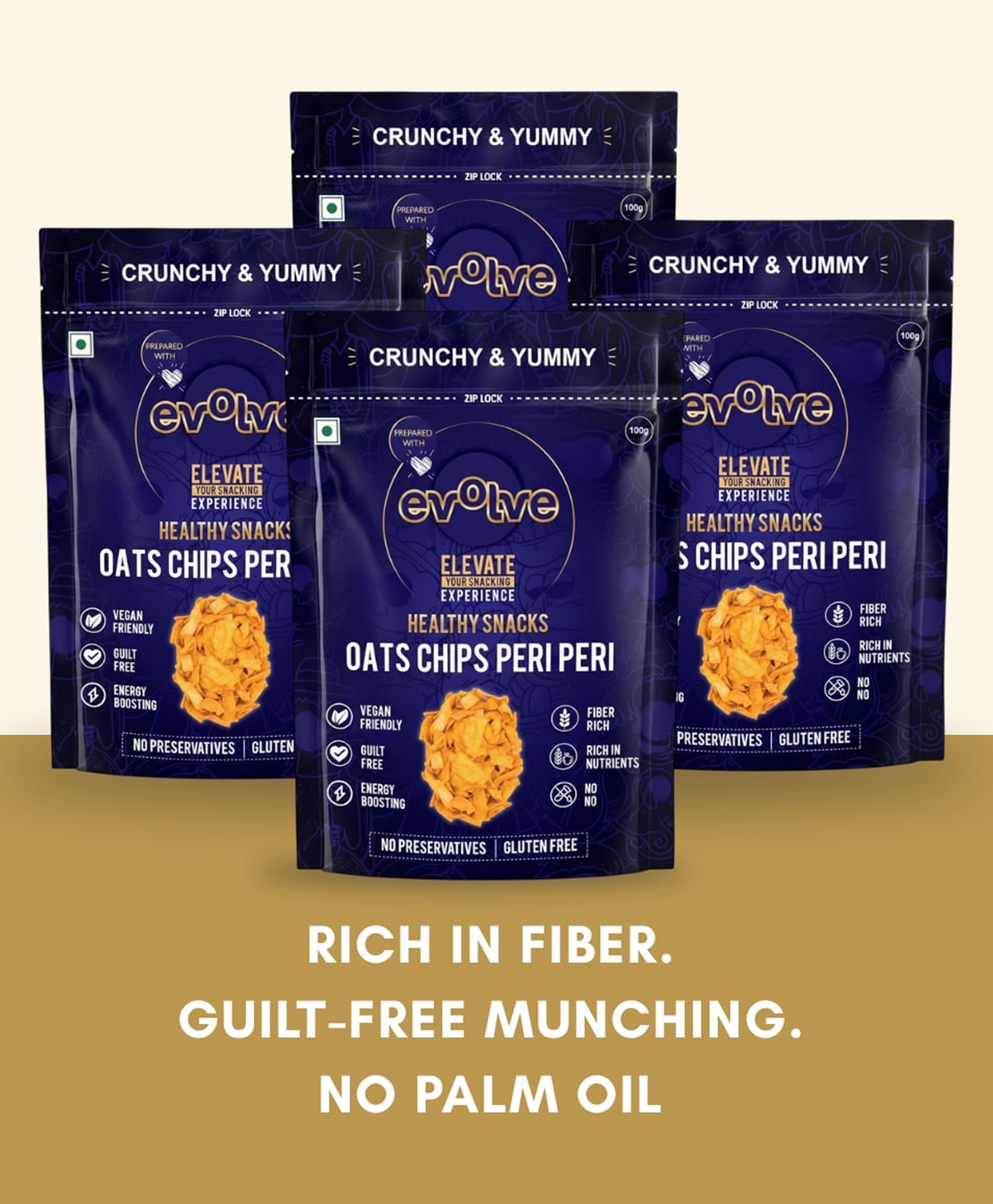 Evolve Oats Chips Peri Peri Flavor Healthy Snacks for Kids, Adults | , Vacuum Fried, High in Protein, Low Calorie, Weight Loss Friendly - 100g Pack of 4-image-18