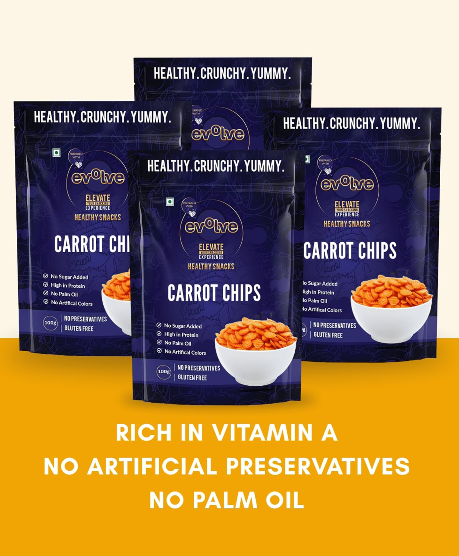 Evolve Carrot Chips Masala Flavor Healthy Snacks for Kids, Adults | , Low Calorie, Weight Loss Friendly, No Additives or Preservatives, Vacuum Fried - 100g Pack of 4-image-37