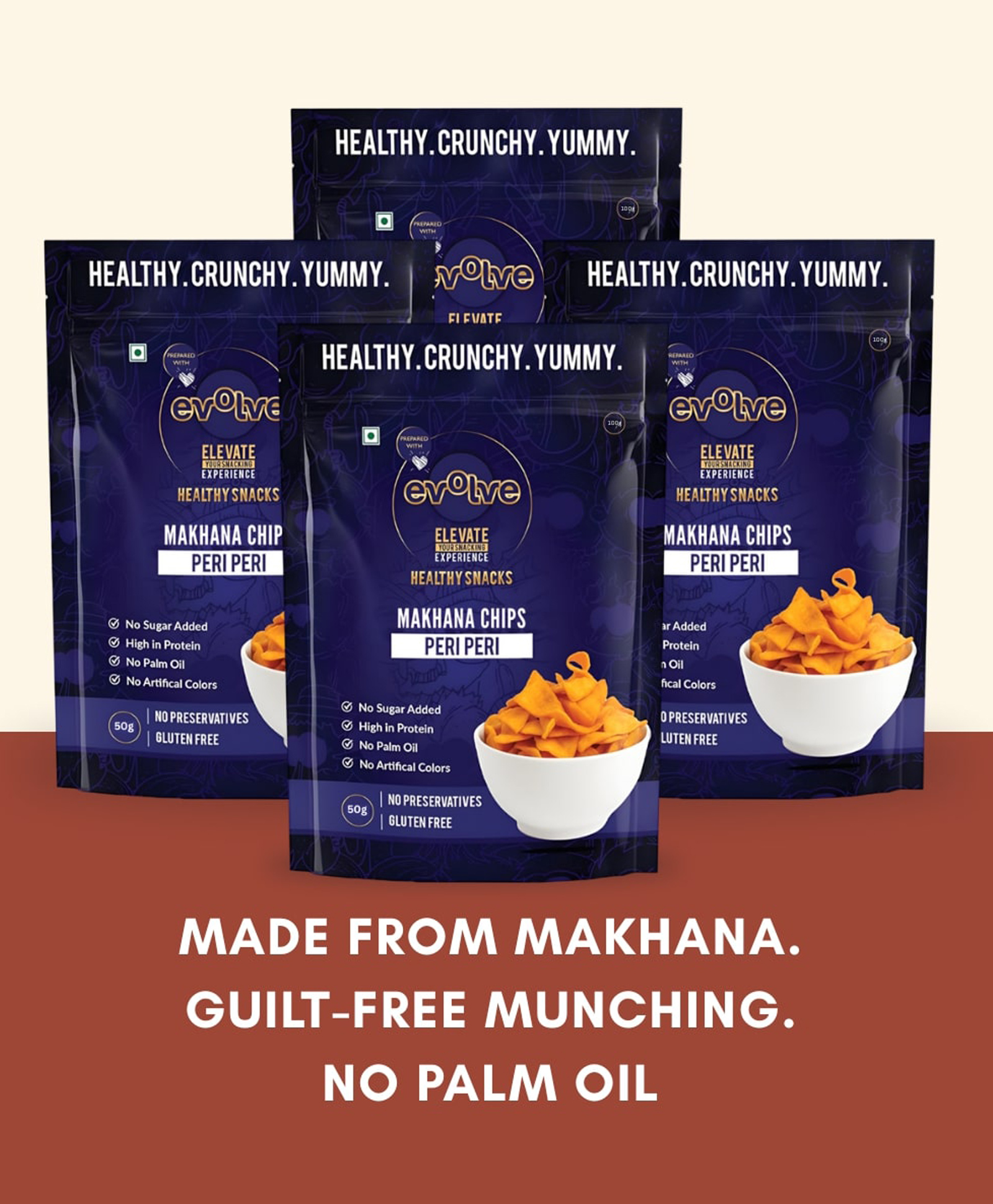 Evolve Makhana Chips Peri Peri Flavor Healthy Snacks for Kids, Adults, Low Calorie, No Palm Oil, Vacuum Fried - 100g Pack of 4-image-38