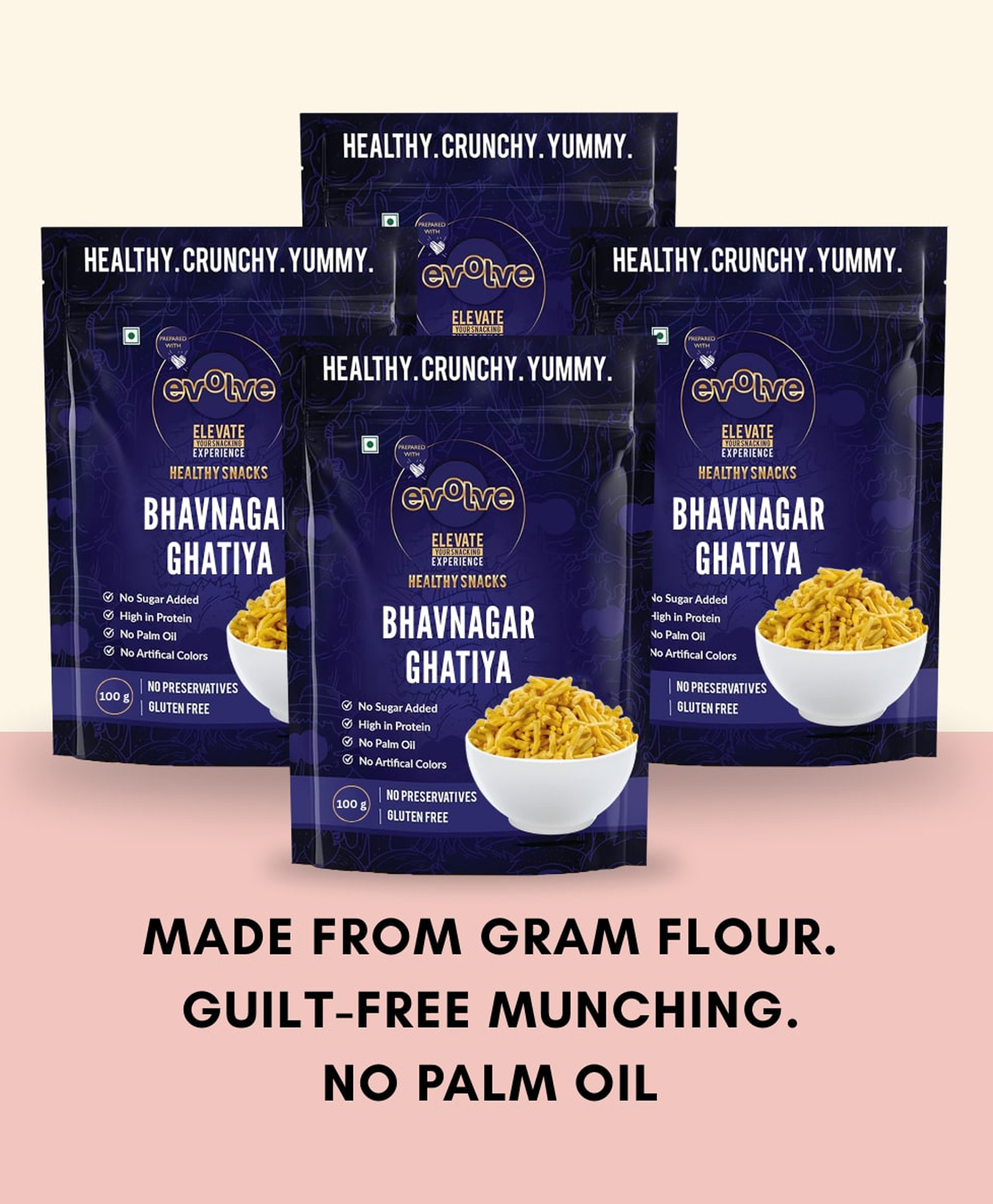 Evolve Bhavnagar Ghatiya | Gujarati Gathiya Namkeen, Crunchy & Spicy Snack, Tea-Time Munch, High-Protein & Traditional Indian Treat, No Maida | 100g Pack of 4-image-1