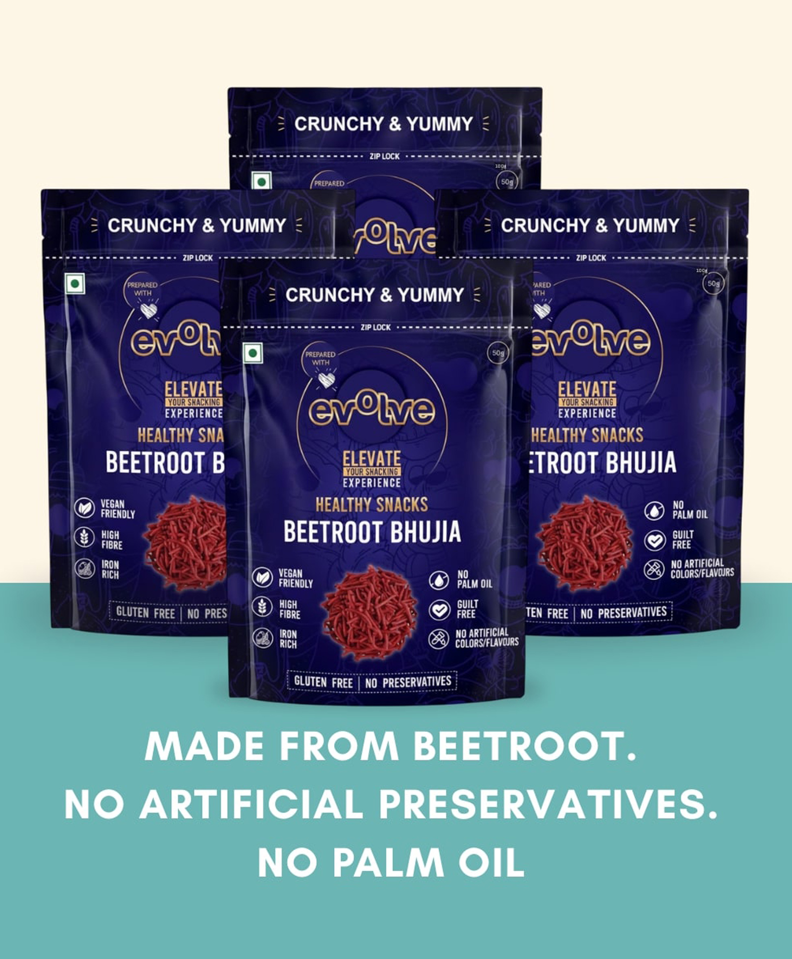 Evolve Beetroot Bhujia Masala Flavor, Namkeen - Organic, Guilt Free Munching, Fresh Crunchy Snacks, No Palm Oil & Artificial Colors, Ready to Eat - 100g Pack of 4-image-12