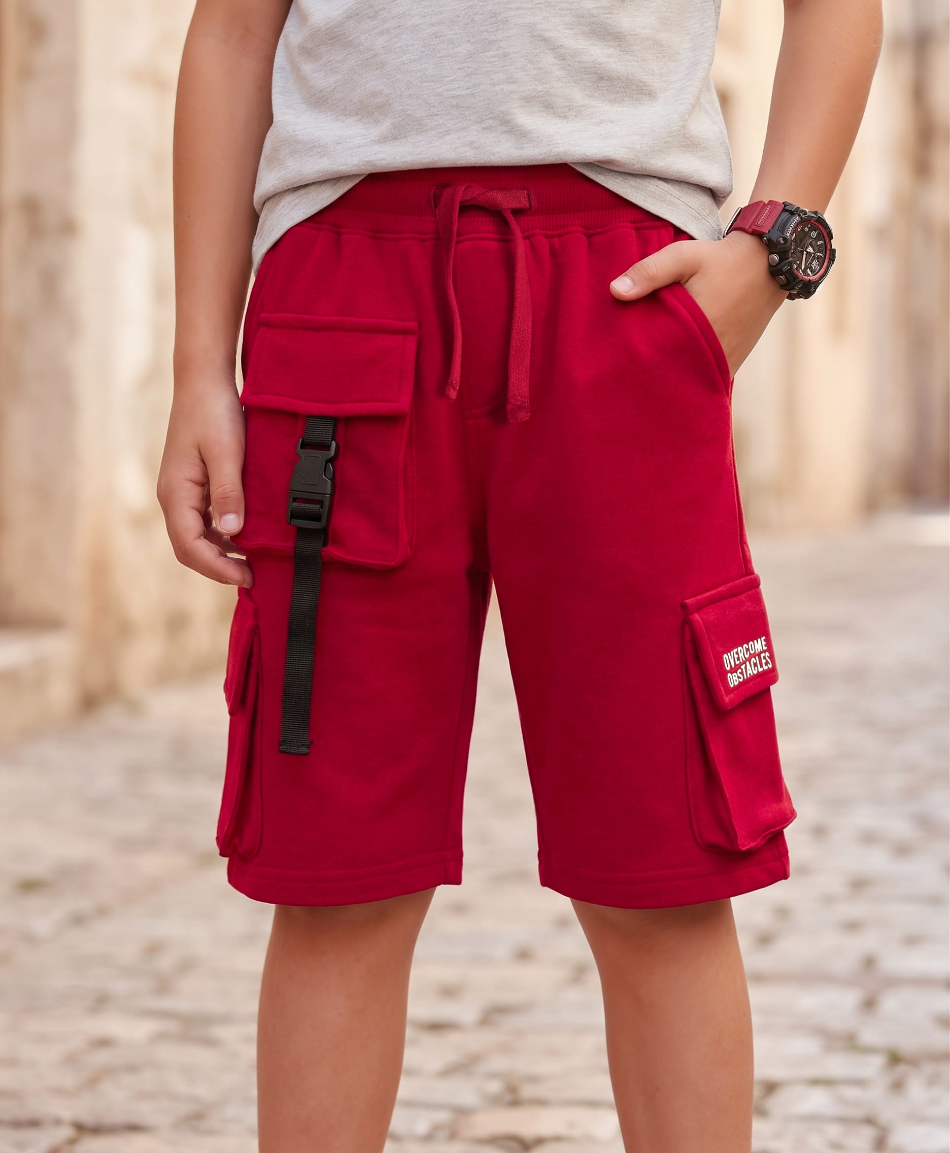 Pine Kids Looper Knit Solid Shorts With Cargo Pockets - Maroon-picture-16