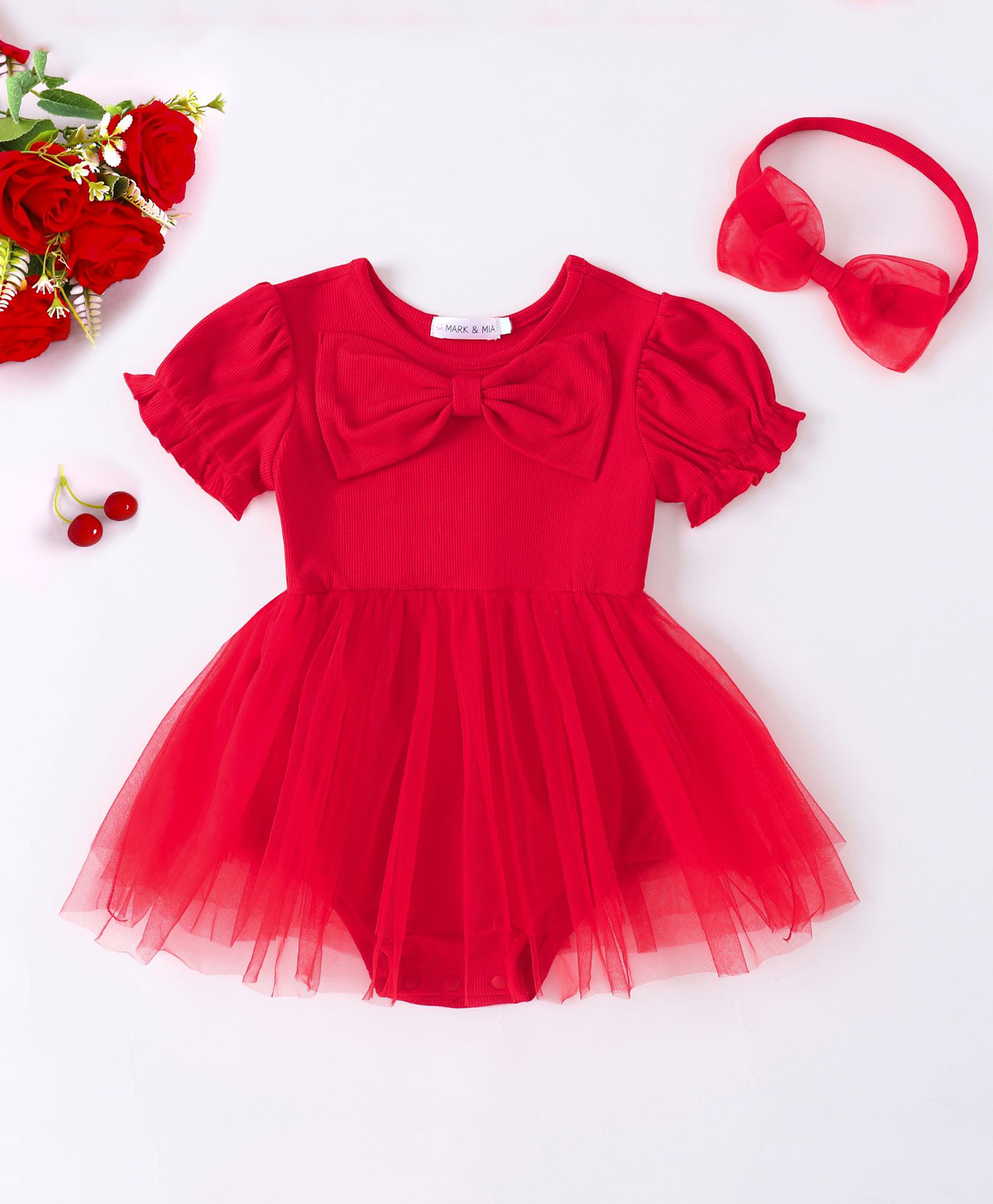 Mark & Mia Half Sleeves Solid Colour Frock Style Onesie with Bow Applique & Headband - Red-image-11