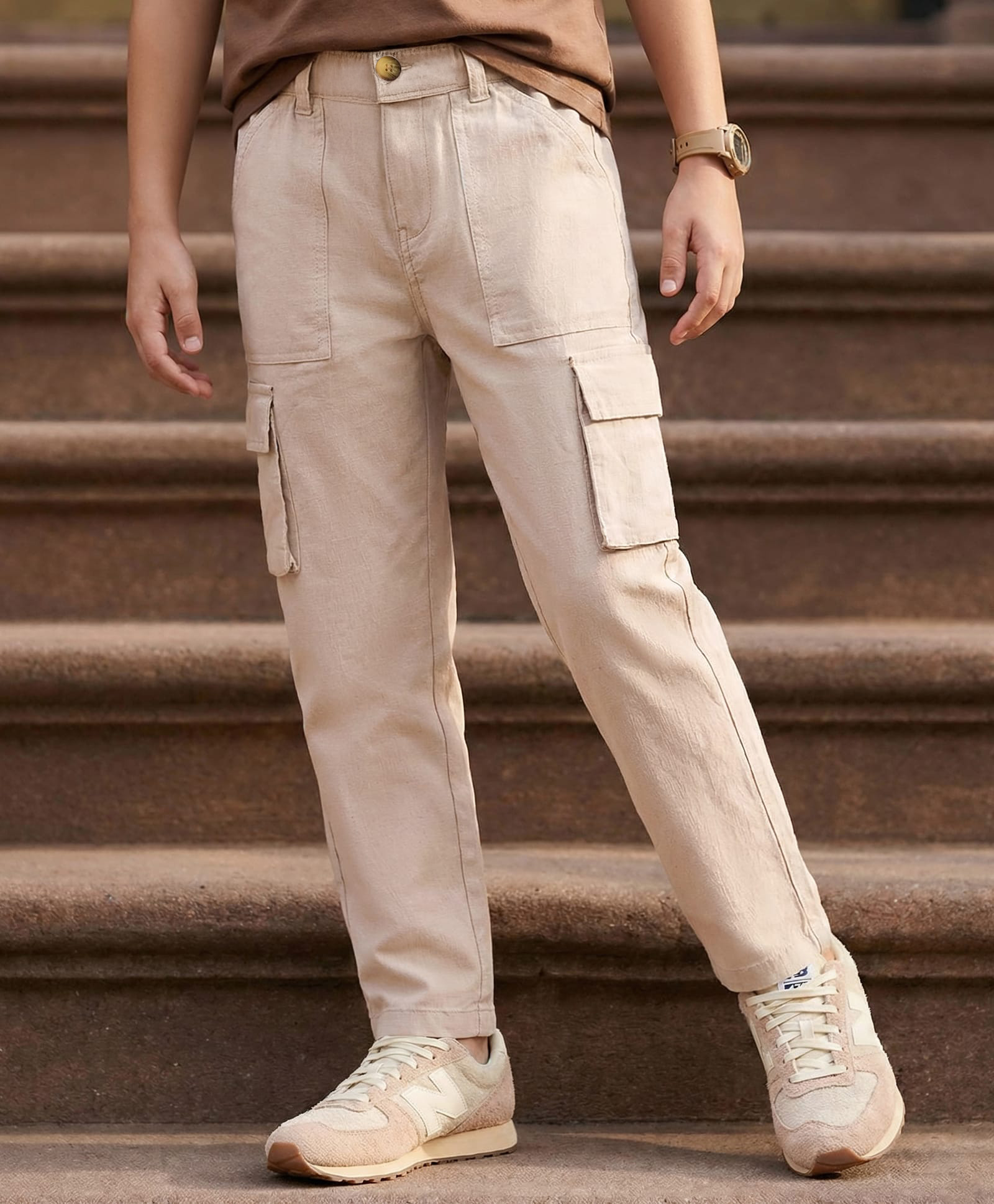 Pine Kids Cotton Elastane Woven Full Length Solid Color Trouser - Beige-picture-35