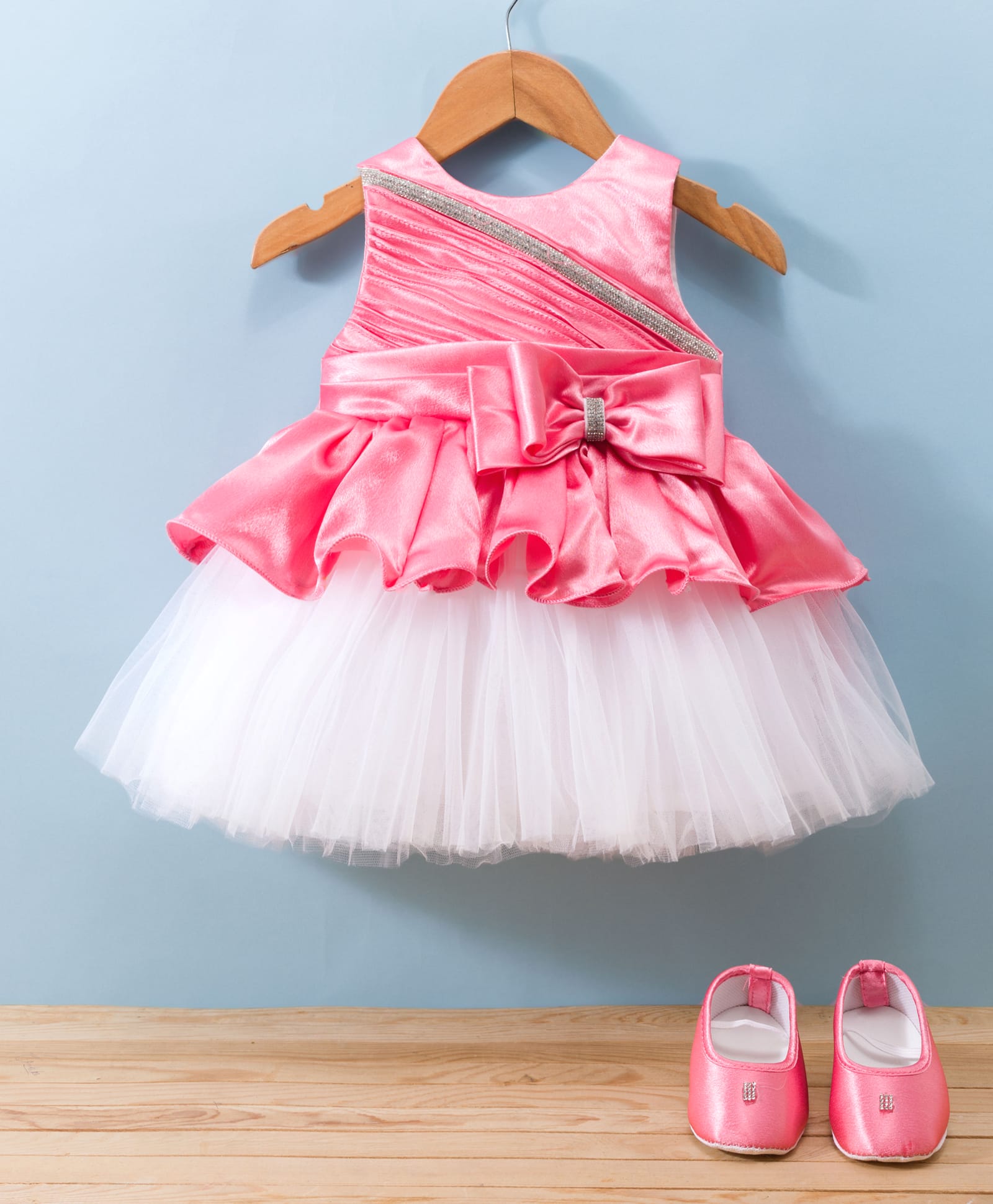 Bluebell Net Woven Sleeveless Party Dress with Booties Bow Applique & Lace Detailing - Pink-image-42