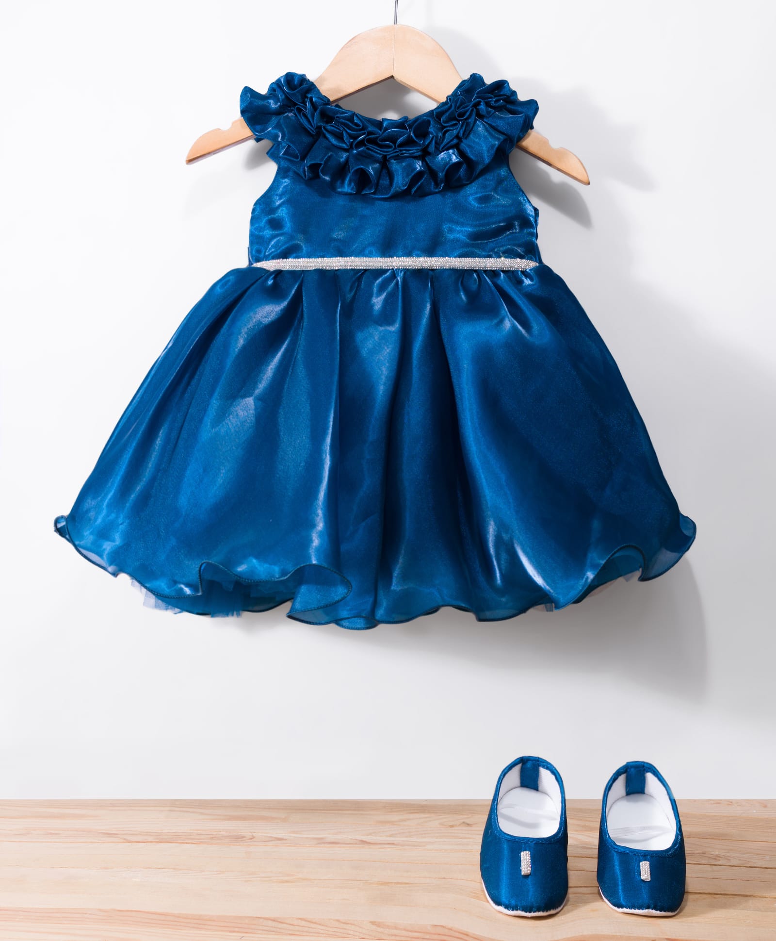 Bluebell Satin Woven Sleeveless Solid Colour Flared Party Dress with Frill & Rhinestone Detailing - Navy Blue-image-16