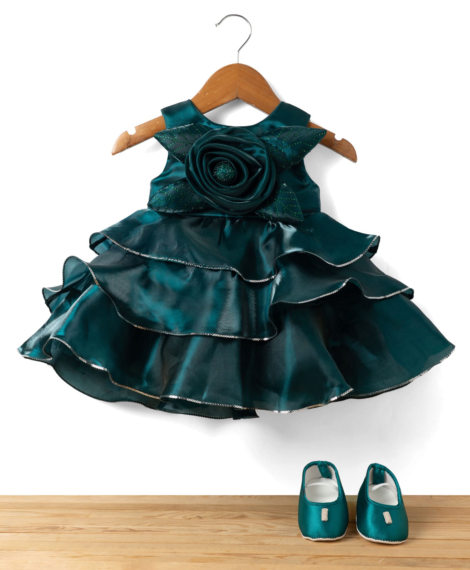 Bluebell T-Issue Woven Sleeveless Layered Dress & Booties With Floral Applique & Sequin Detailing - Green-image-31