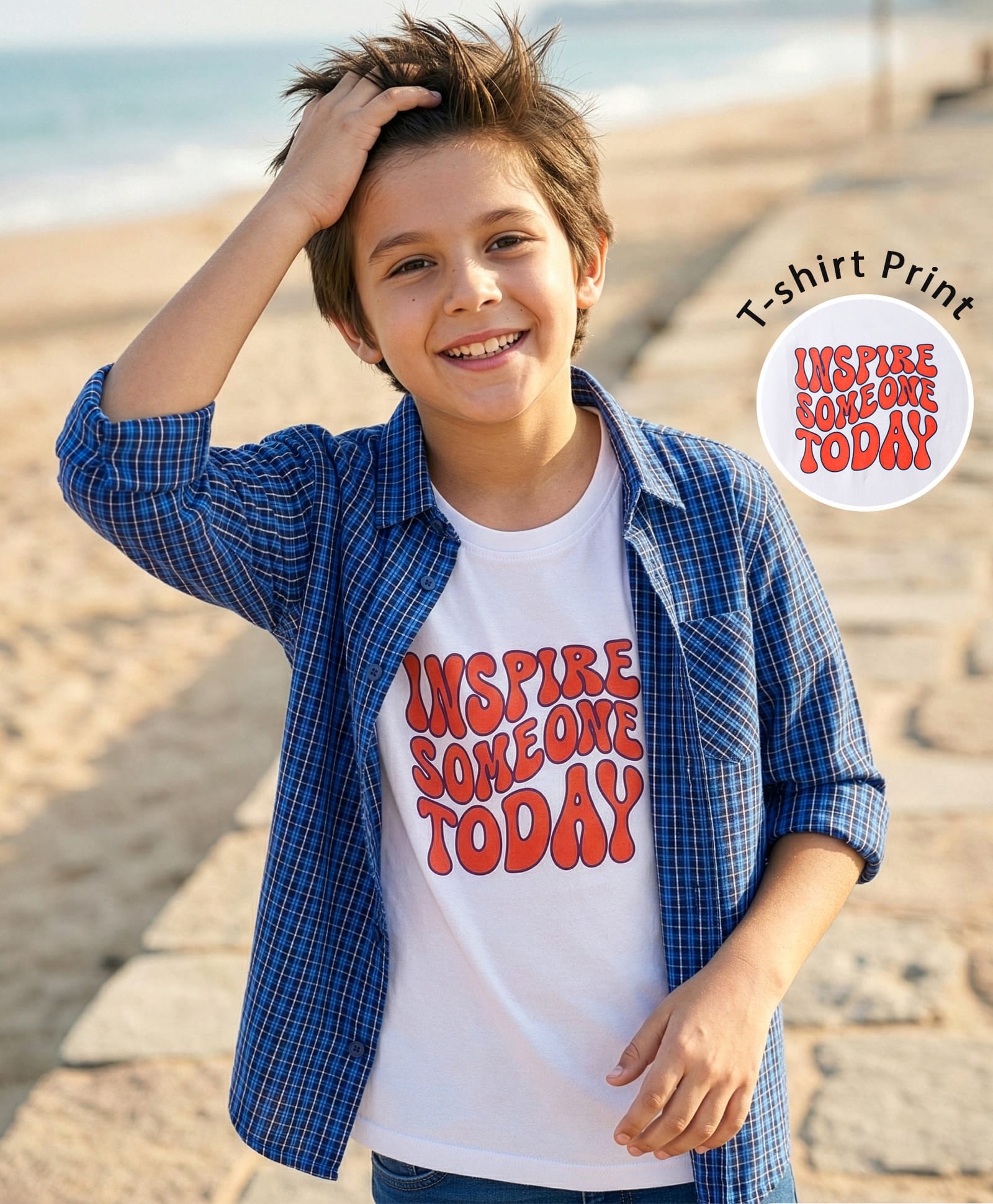 Pine Kids Cotton Woven Half Sleeves Checkered Shirt with Text Printed T-Shirt - Navy Blue-image-33