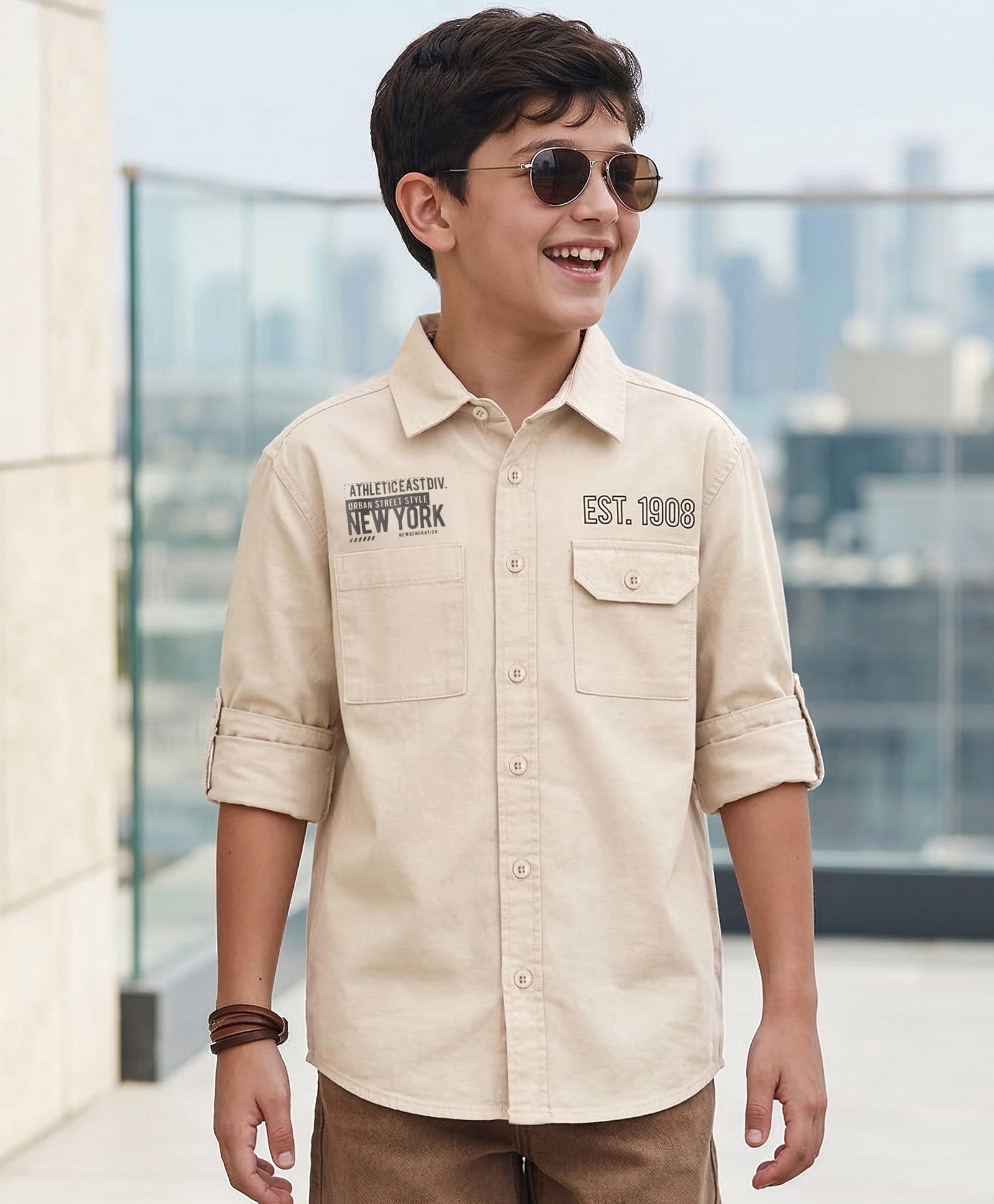 Pine Kids Cotton Woven Full Sleeves Shirt With New York Print - Beige-image-44