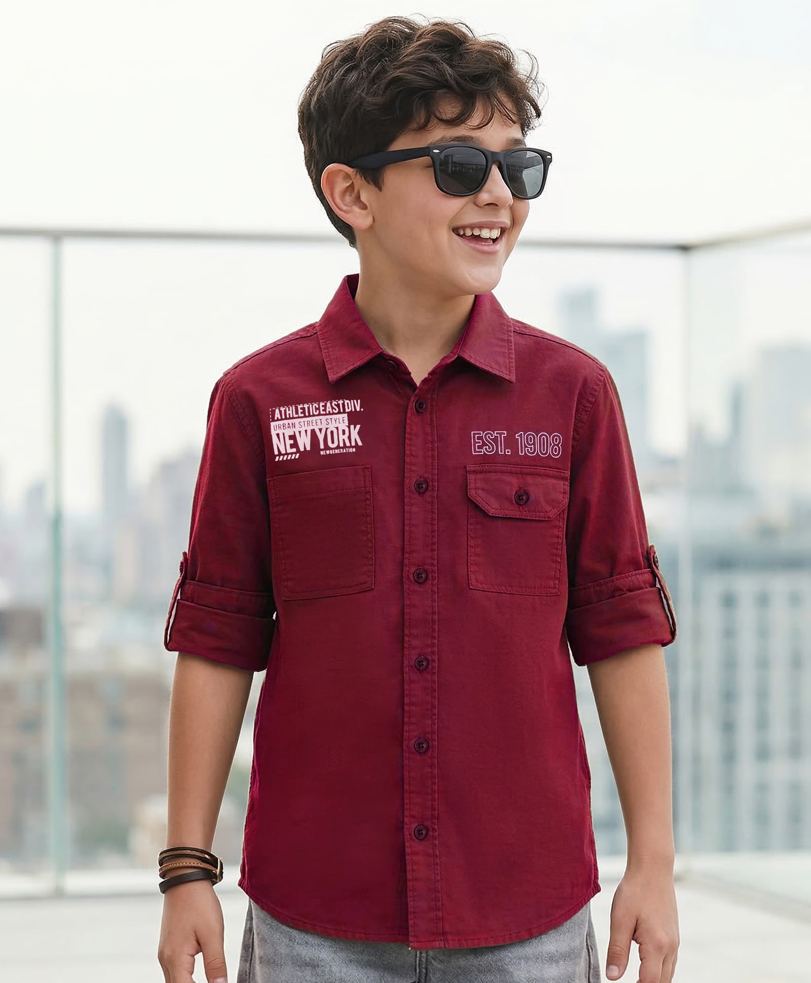 Pine Kids Cotton Woven Full Sleeves Shirt With New York Print - Maroon-picture-17