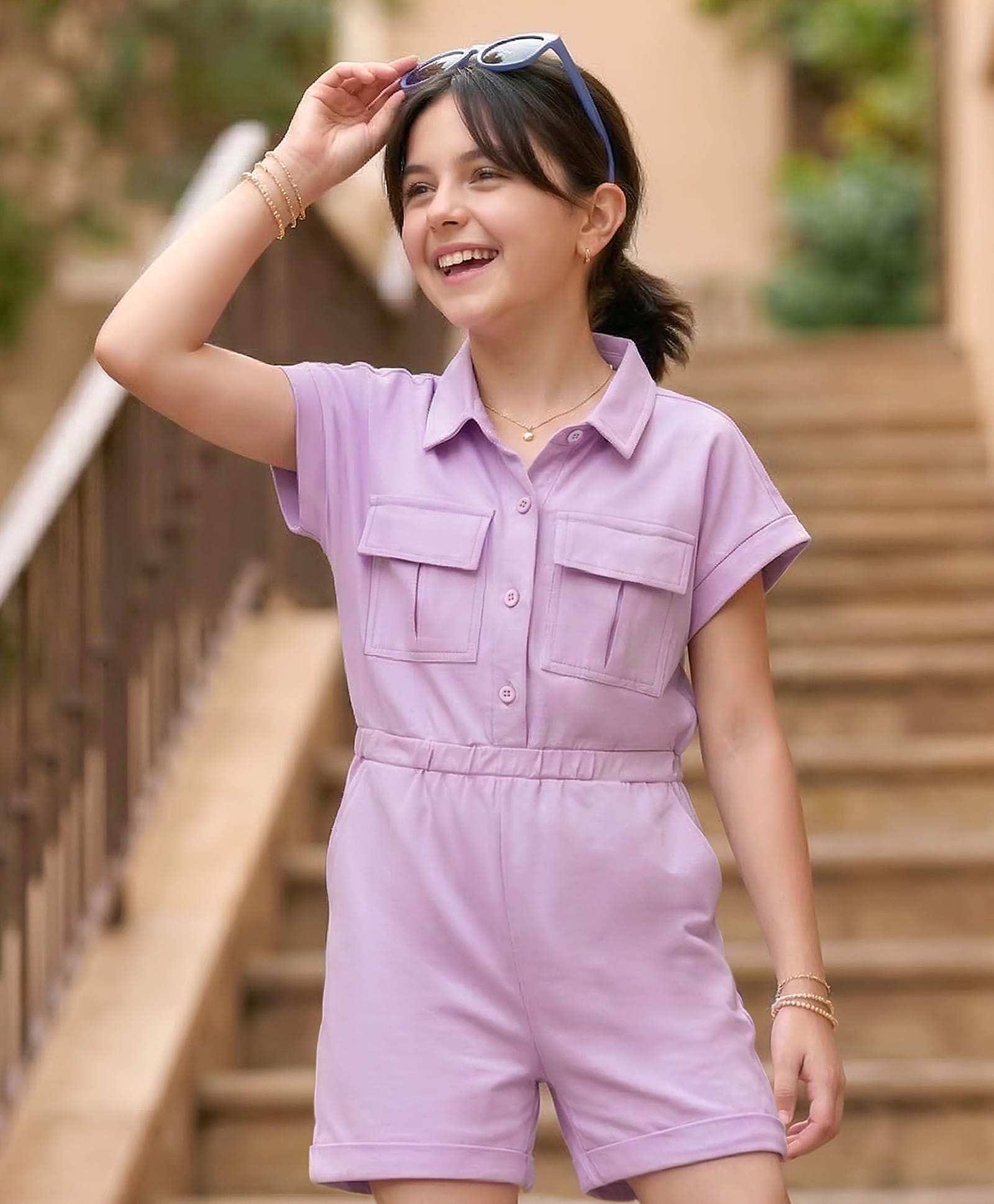 Pine Kids Cotton Lycra Knit Half Sleeves Solid Color Jumpsuit - Lilac-image-27