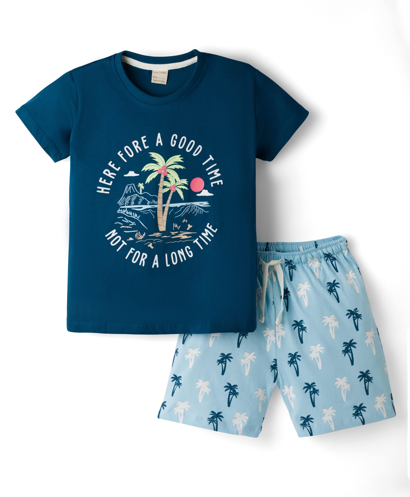 CUCUMBER Knitted Half Sleeves Beach Theme Printed T-Shirt & Shorts Set - Navy Blue & Light Blue-image-19