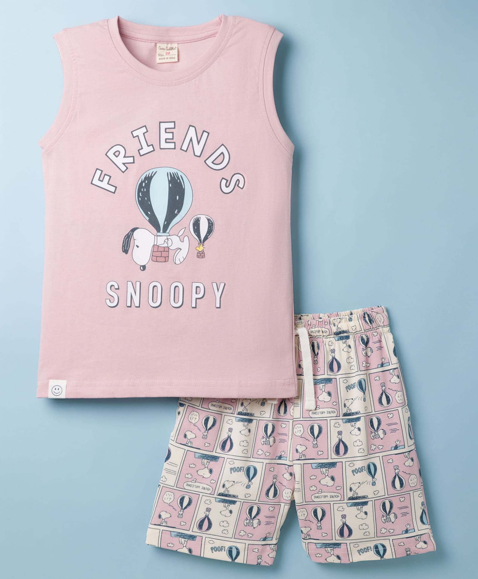 CUCUMBER Knit Sleeveless T-Shirt & Shorts Night Suit With Snoopy Print - Light Pink-image-37