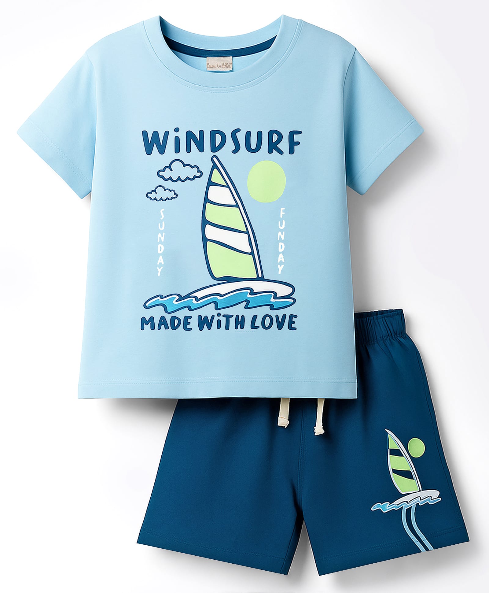 CUCUMBER Knit Half Sleeves T-Shirt & Shorts Set With Boat Print - Light Blue-image-36
