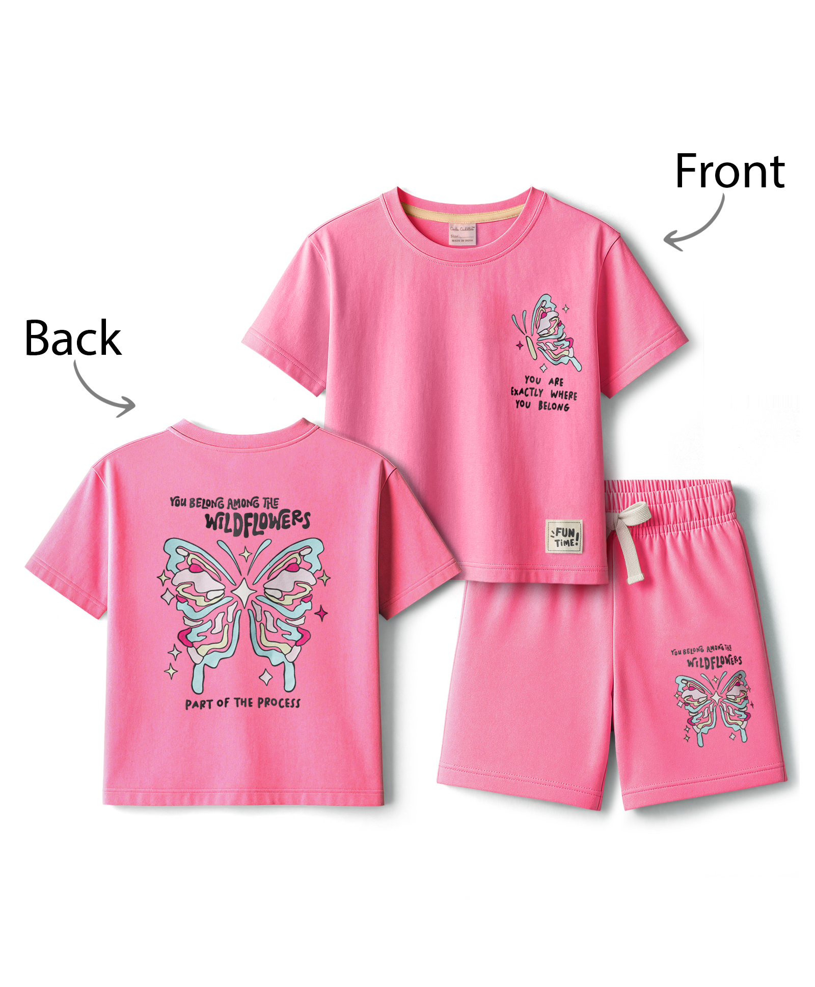 CUCUMBER Knit Half Sleeves T-Shirt & Shorts Night Suit With Front & Back Butterfly Print - Pink-picture-39