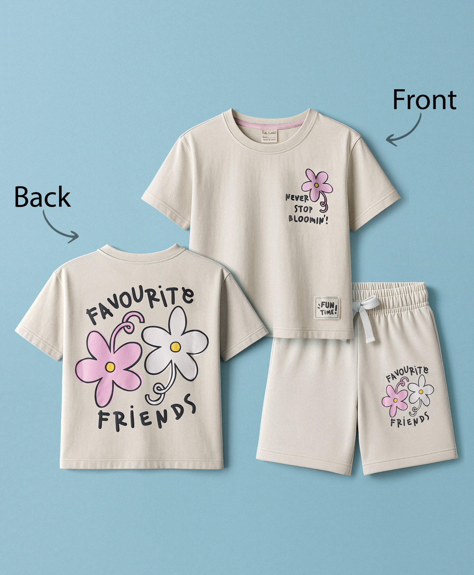 CUCUMBER Knitted Half Sleeves T-Shirt & Shorts Night Suit with Floral Front & Back Print - Ivory-image-25