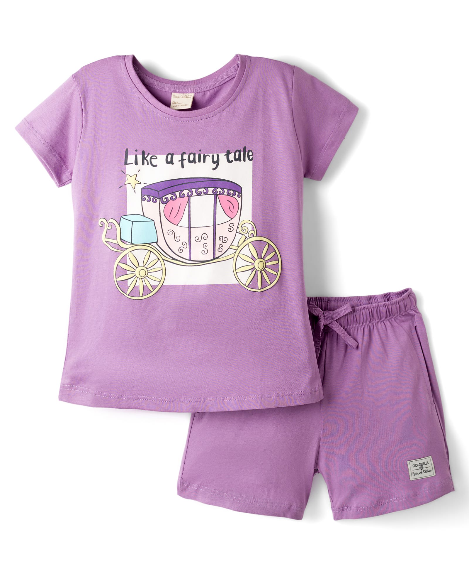 CUCUMBER Knitted Half Sleeves T-Shirt & Shorts Night Suit with Like a Fairy Tale Print - Purple-image-14