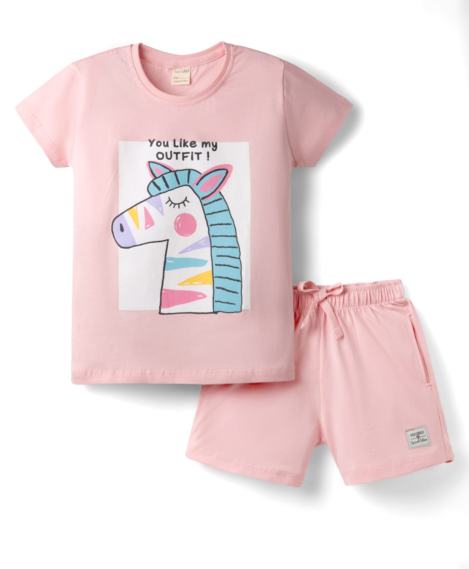 CUCUMBER Knit Half Sleeves T-Shirt & Shorts Night Suit With Zebra Print - Baby Pink-image-32