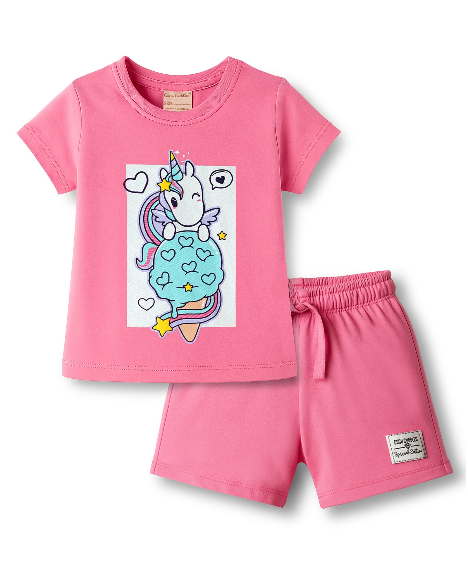 CUCUMBER Knitted Half Sleeves T-Shirt & Shorts Night Suit with Unicorn Print - Pink-picture-35