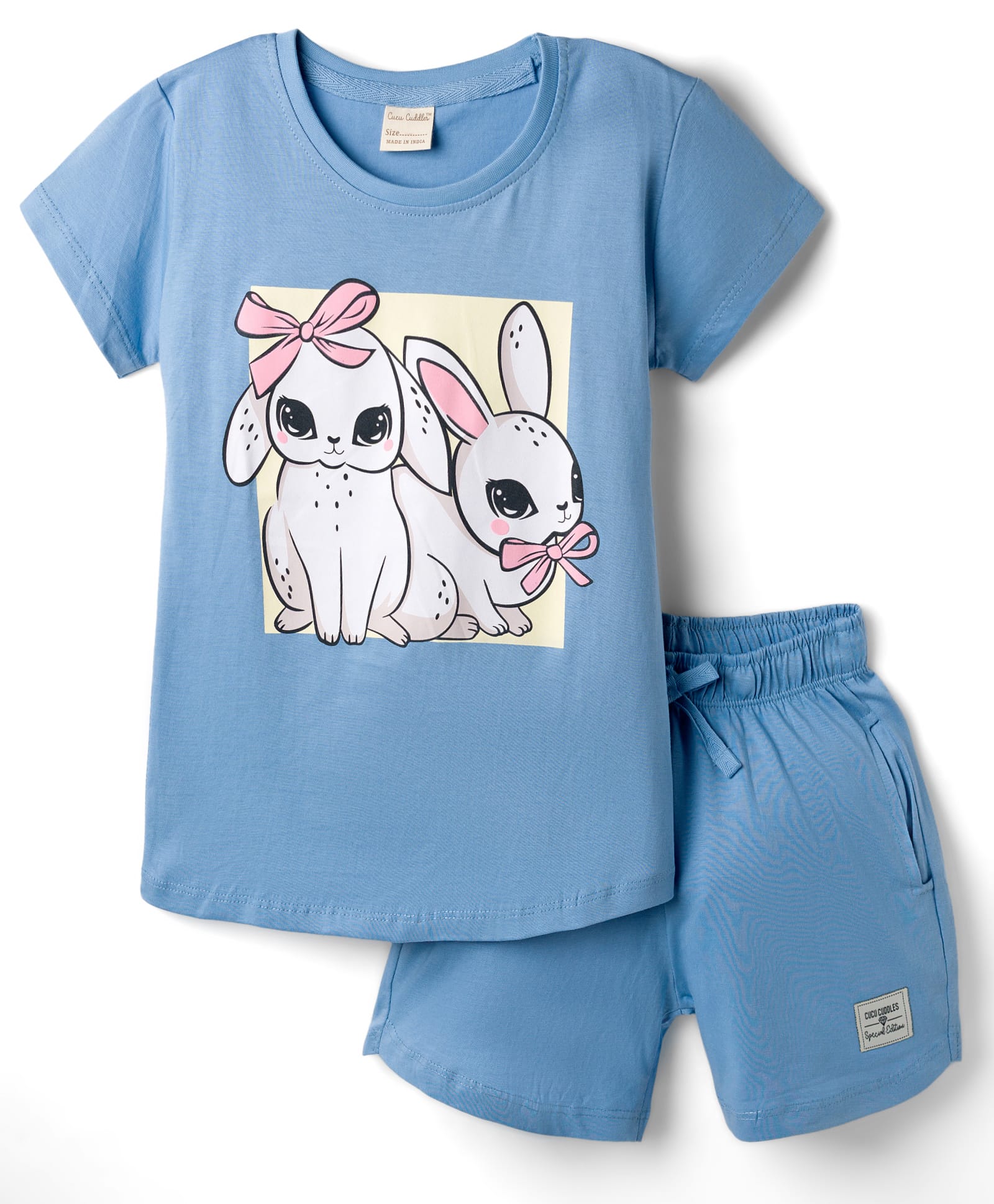 CUCUMBER Knitted Half Sleeves T-Shirt & Shorts Night Suit with Bunny Print - Light Blue-picture-40