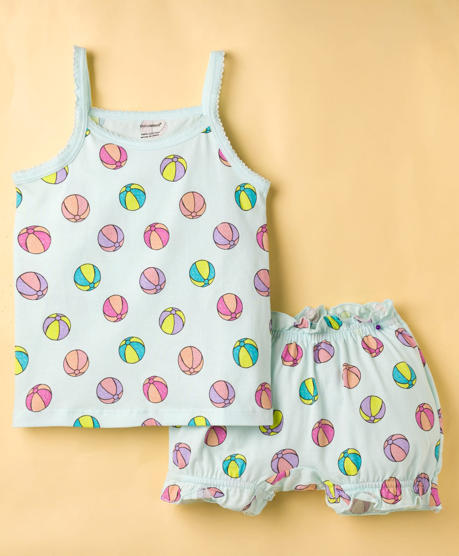 CUCUMBER Knitted Sleeveless Ball Printed Co-Ords Shorts Night Suit - Aqua Blue-image-41