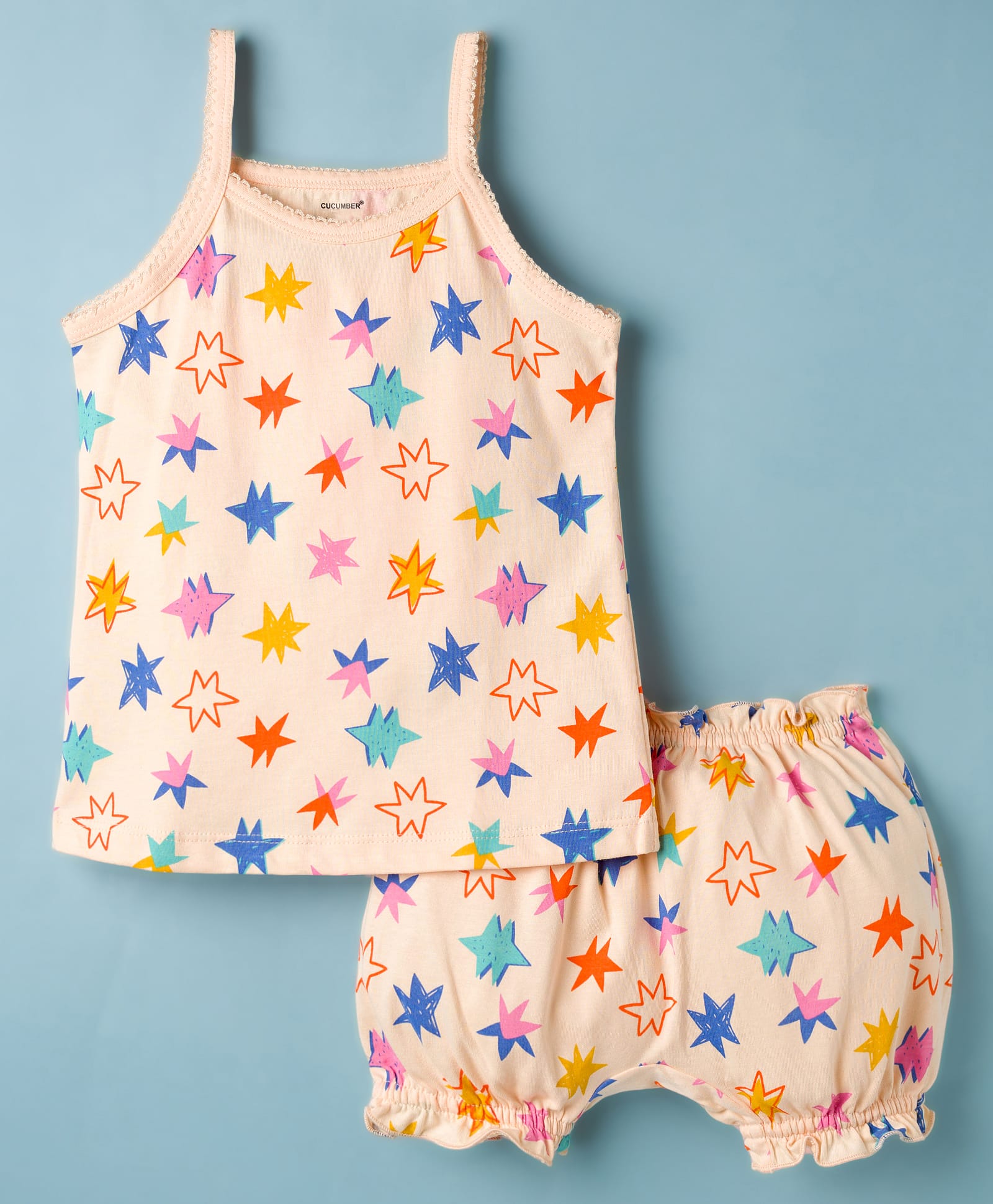 CUCUMBER Knitted Sleeveless Co-ords T-Shirt & Shorts Night Suit with Star Print - Peach-image-14