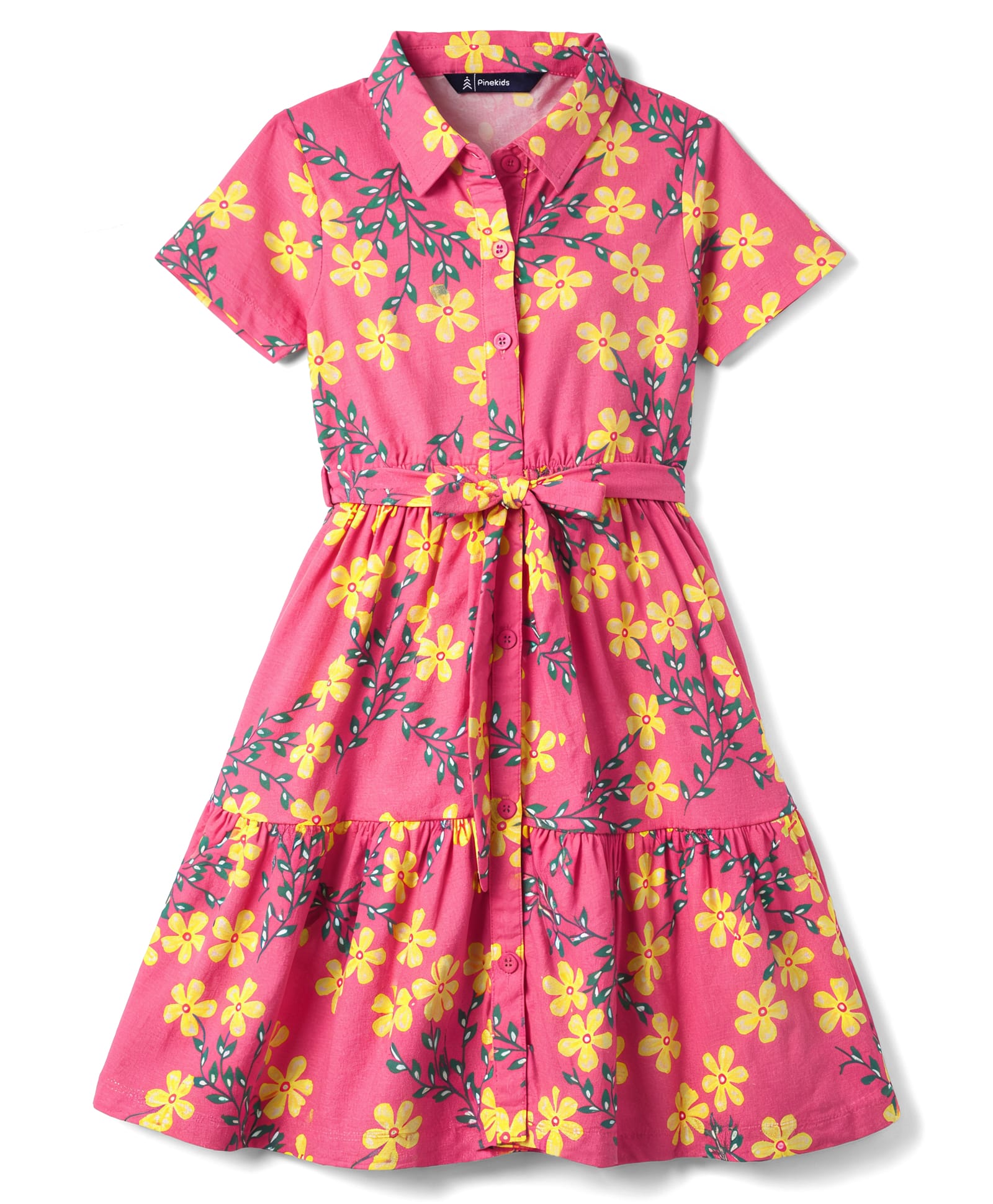 Pine Kids Cotton Woven One Piece Dresses/Frocks with Short Sleeves, Collar Neck, Floral Print Multi Color 6-7 Years-image-45