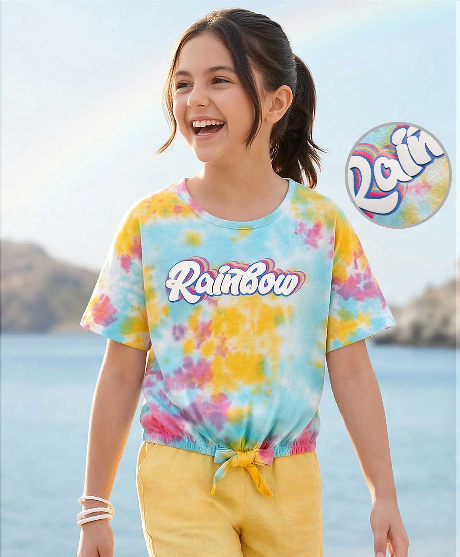 Pine Kids Cotton Drop Shoulder Knit Half Tie & Dye Top with Rainbow Print - Multicolor-picture-33