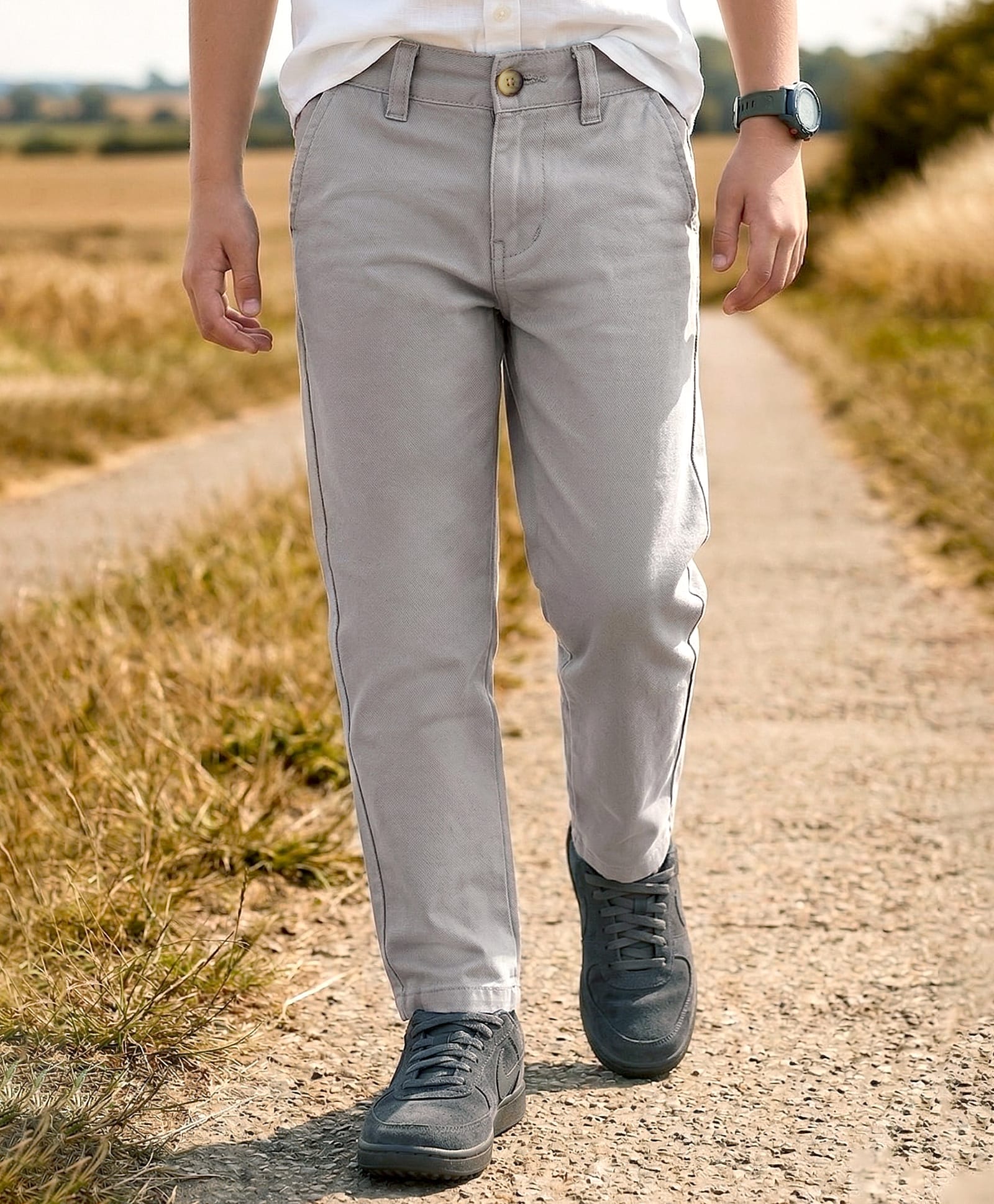 Pine Kids Cotton Elastane Woven Full Length Solid Color Trouser - Light Grey-picture-18