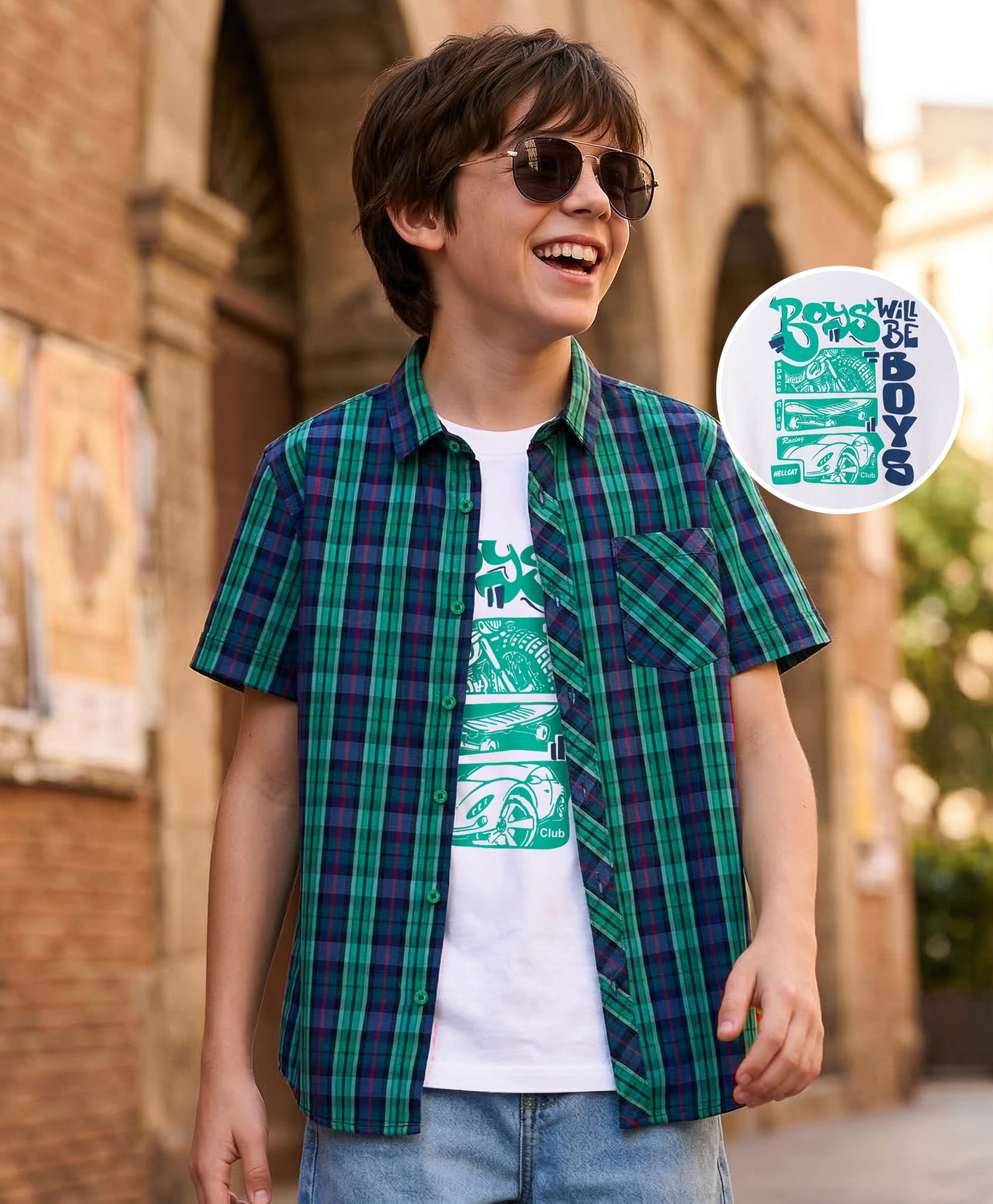 Pine Kids 100% Cotton Woven Half Sleeves Checked Shirt & T-Shirt With Vehicles Print - Multicolour
