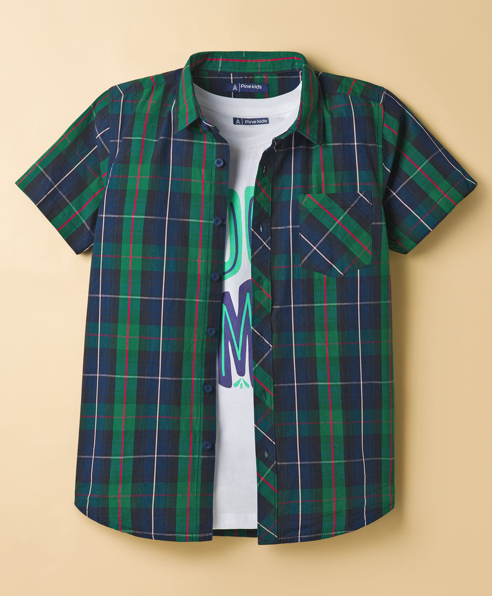 Pine Kids Cotton Woven Half Sleeves Checkered Shirt with T-Shirt - Dark Green & White-image-18