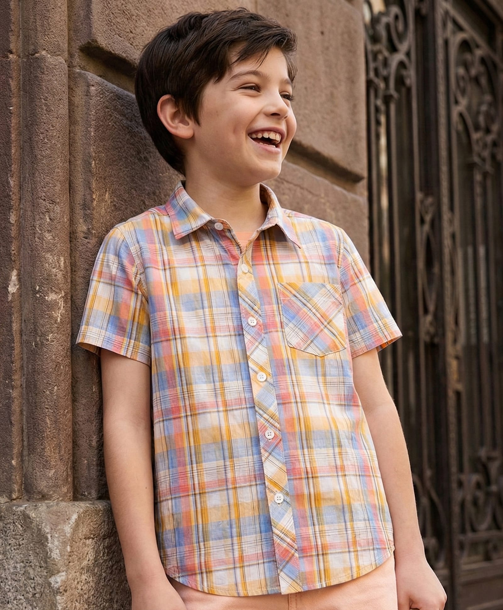 Pine Kids Cotton Woven Half Sleeves Checkered Shirt - Pink White & Yellow-image-39