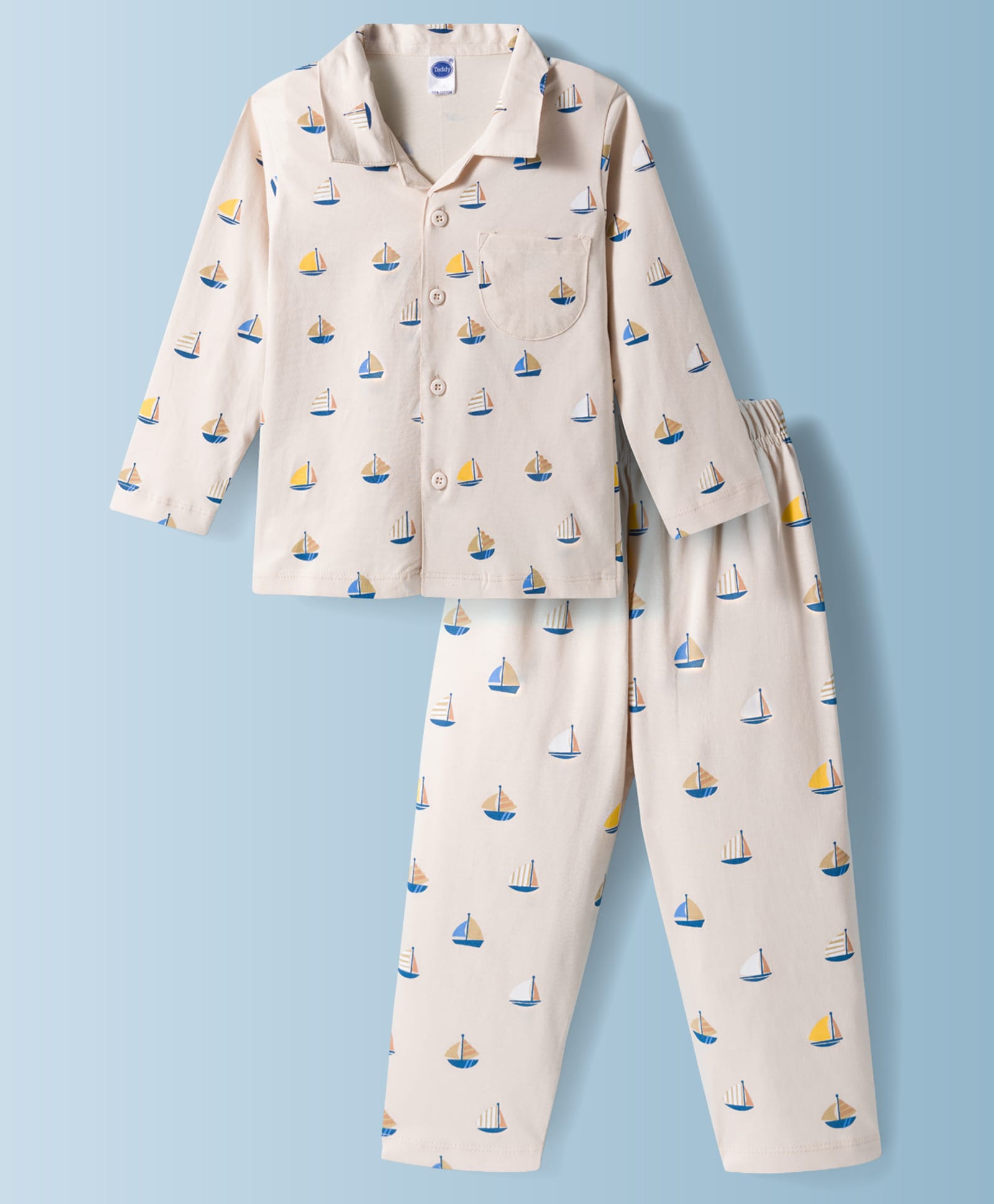 Teddy Sinker Knit Full Sleeves Shirt & Pyjama Co-ord Night Suit With Boat Print - Brown-picture-0